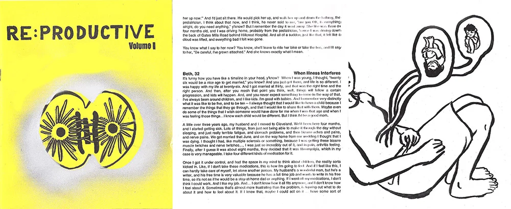 Re:Productive Zine , 2008 interviews with 32 women on the topic of fertility and identity; xeroxed on bond paper with spray-stenciled cover, rubber band binding; 8.5" x 7" closed, 48 pages.