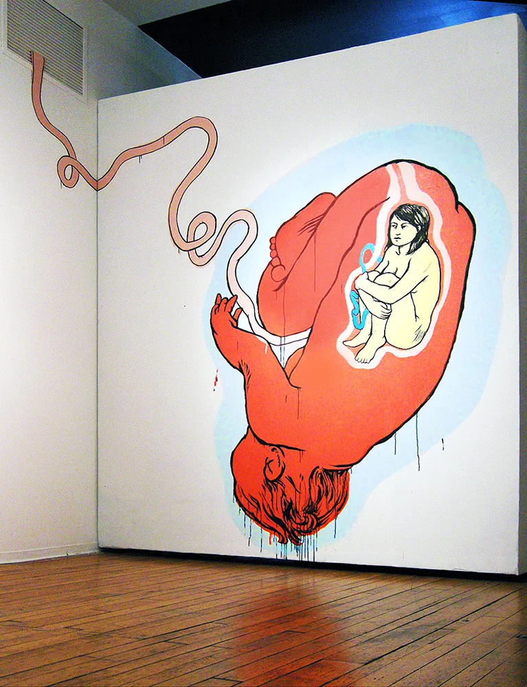 Pregnancy Test , 2008 ink, latex paint, and cut paper on wall, 132" x 114" x 36"