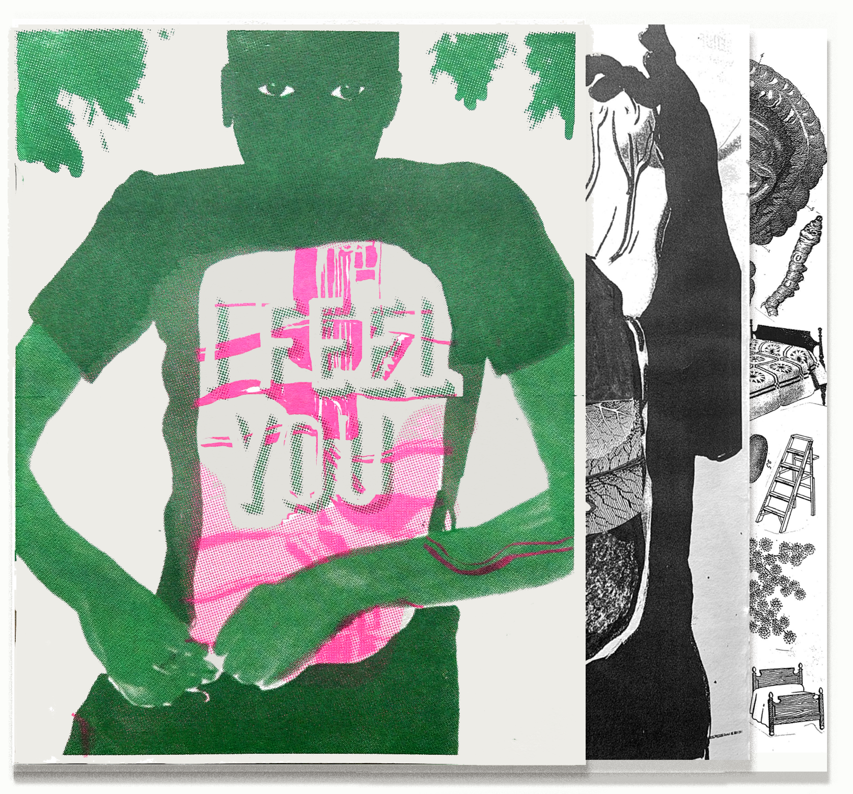 image of a woman with green skin with a cutout showing bright pink abstract forms and the words "i feel you."