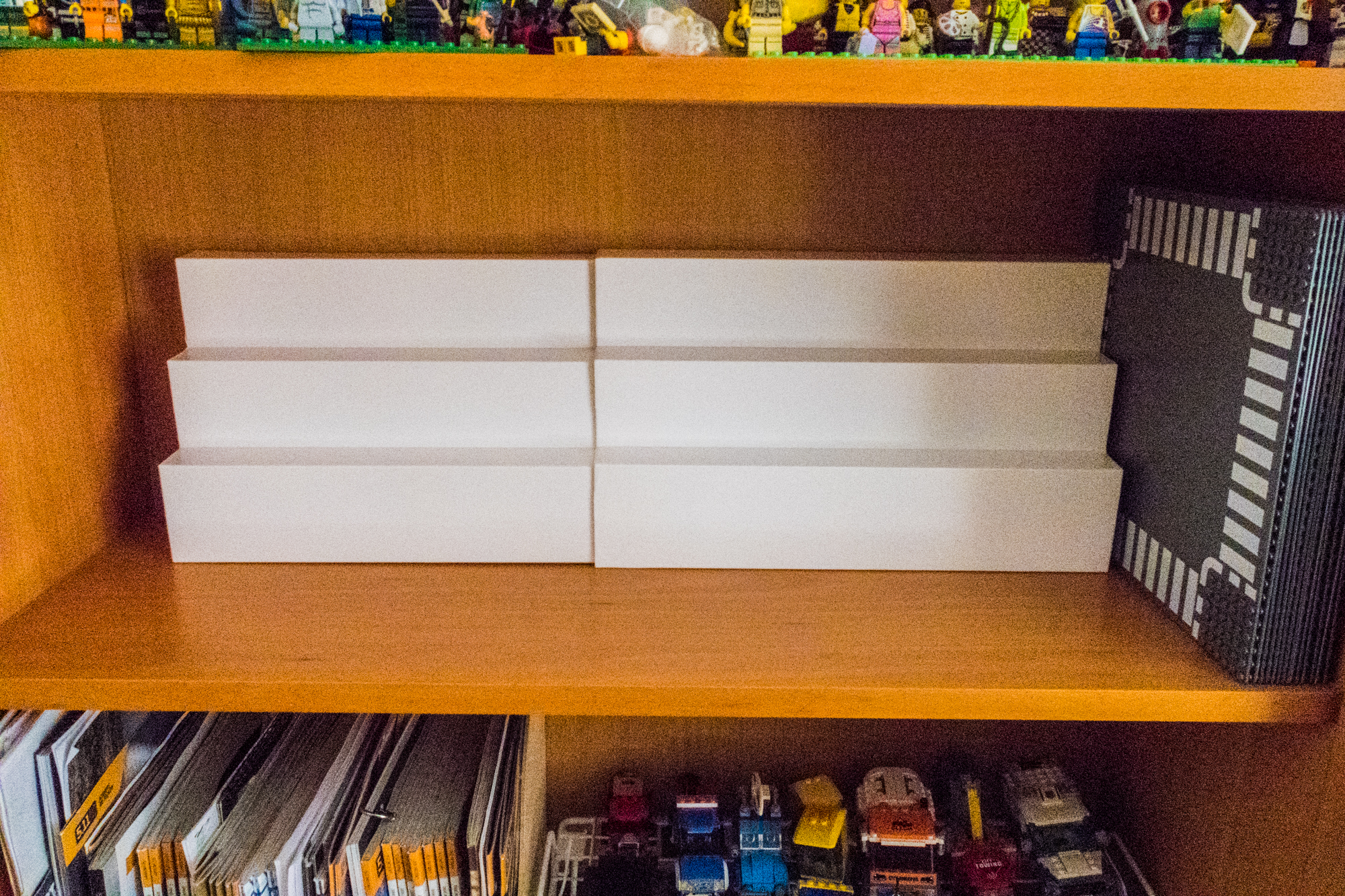 Next is time for a test fit. Its not quite wide enough to fit flush in these book cases, but left a little room for plates/etc on each side.