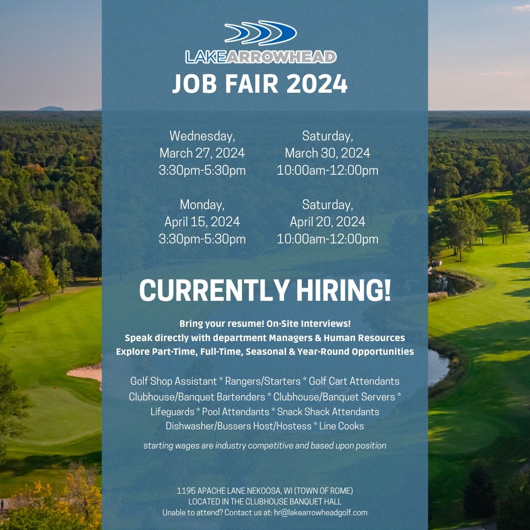 Lake Arrowhead is HIRING!

Bring your resume, hear more about the business from department managers, and even stop in for an on-site interview!

There are opportunities for seasonal, part-time, full-time, and year-round positions in many areas such a