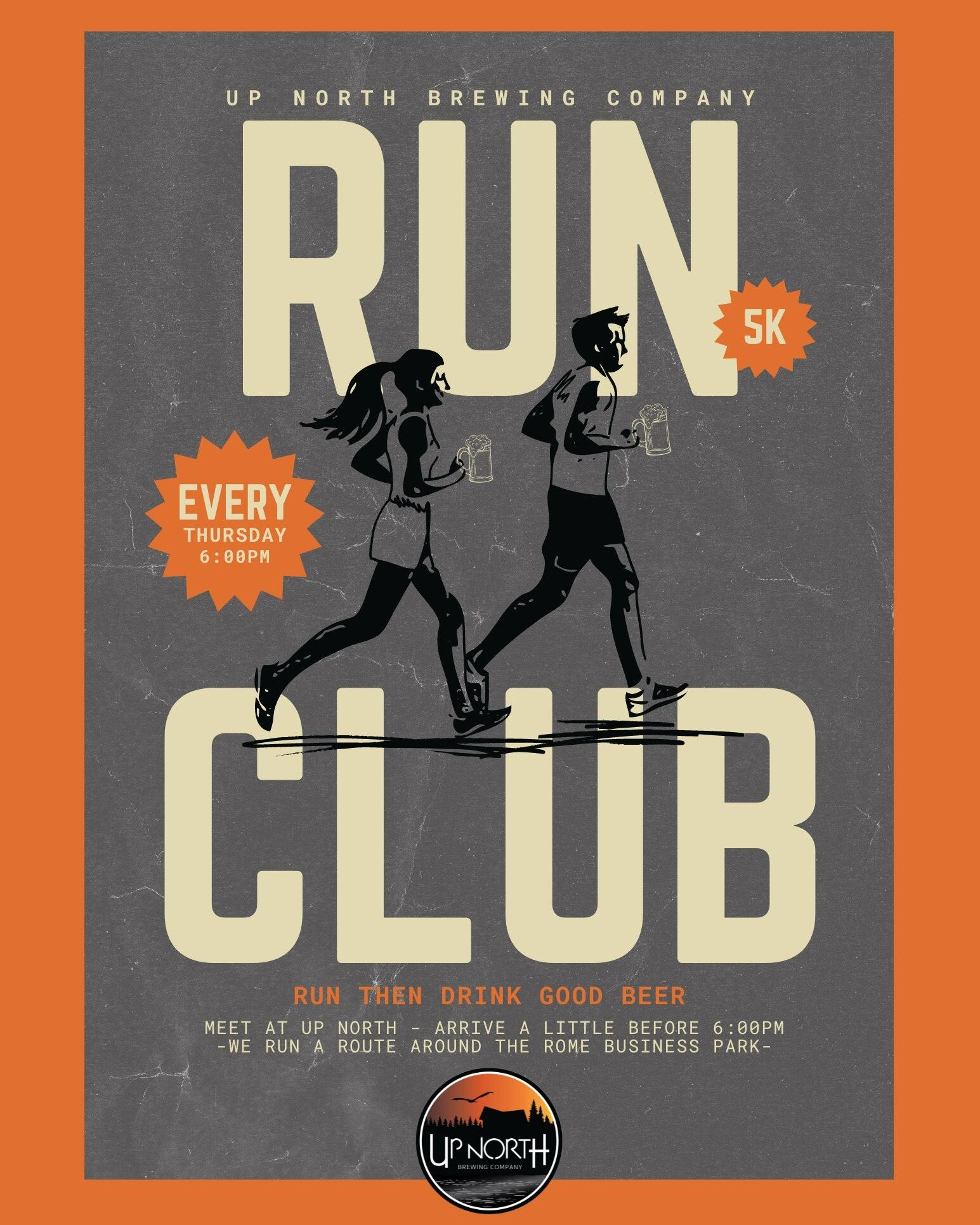 Calling all runners and beer-lovers! 👟🍺

Up North Brewing Company&rsquo;s Run Club will start on April 4, 2024 at 6:00 pm! We meet weekly at Up North Brewing Co to run a 5K around Rome's Business Park. Following the run, we enjoy a post-run social 