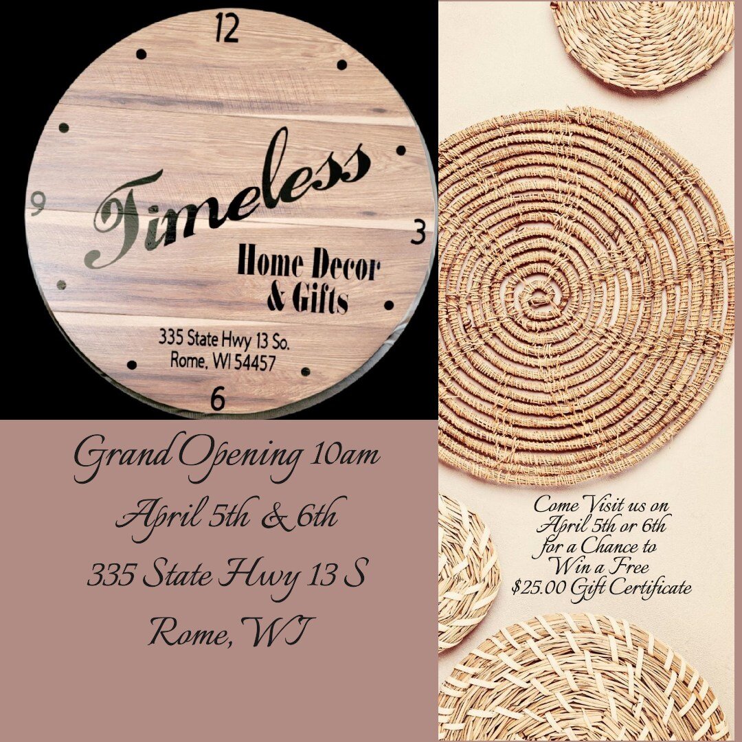 🎉 Today's the day! 🎉

Come to the GRAND OPENING of Timeless Home Decor &amp; Gifts both today and tomorrow. 

Need that last minute Gift? New things to spruce up your home? Stop in for a wide variety of items. New items added weekly.

If you visit 