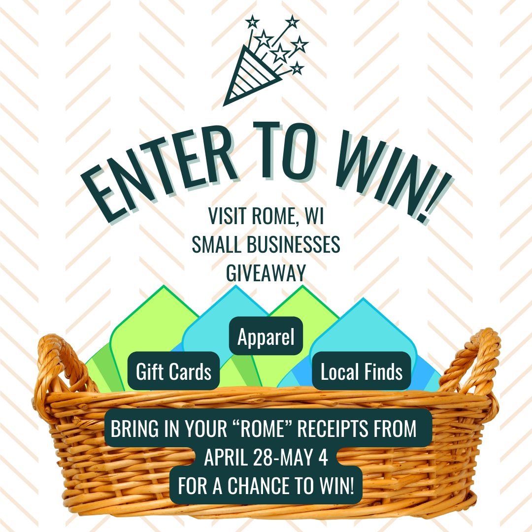 Want to win BIG? Shop our SMALL businesses in Rome next week and enter to win a basket filled with $100 worth of gift cards/t-shirts/Rome apparel from Visit Rome! 🎉
How To Enter:
1) Shop at one (or more) of our many local, small businesses within Ro