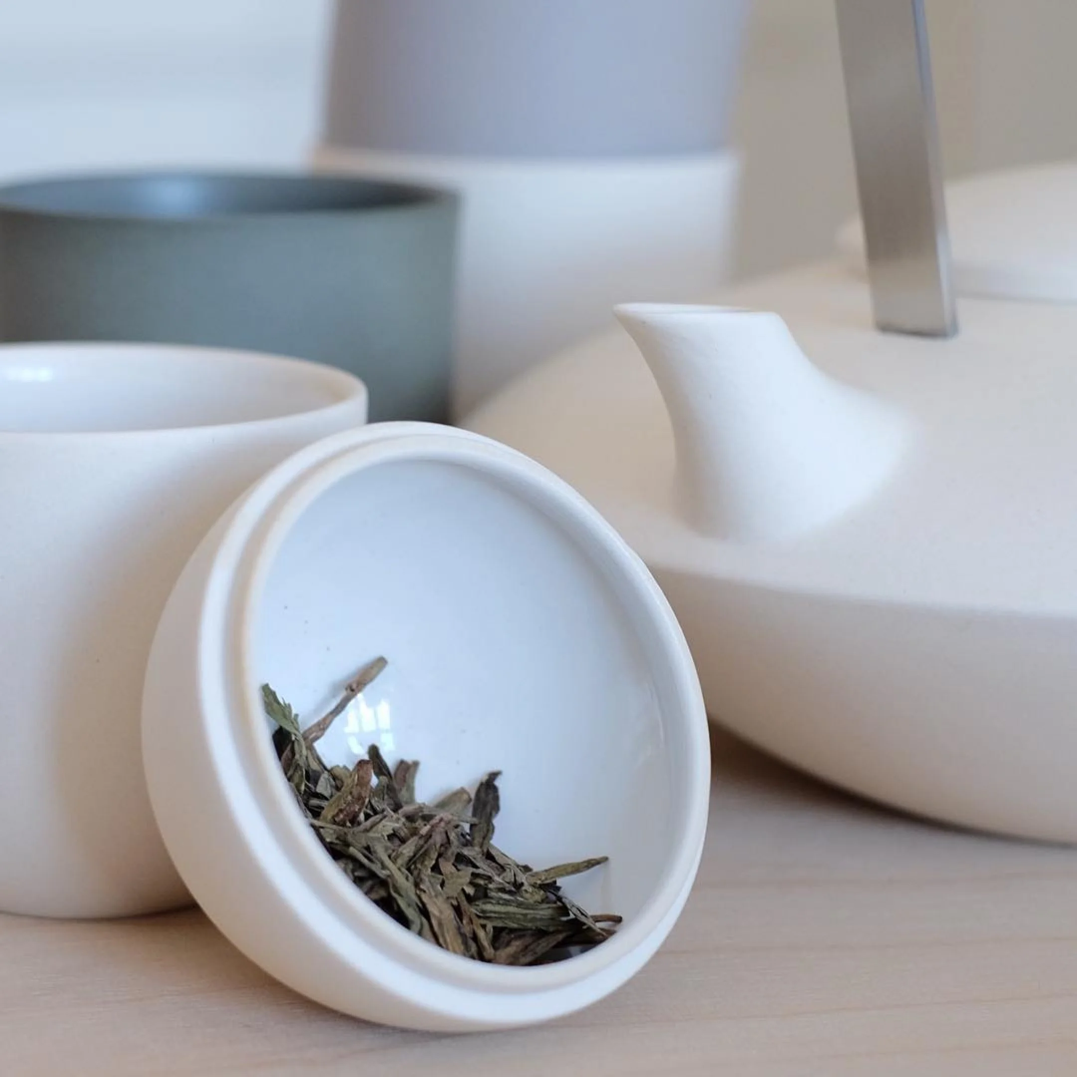 neutral ceramic jar and teapot