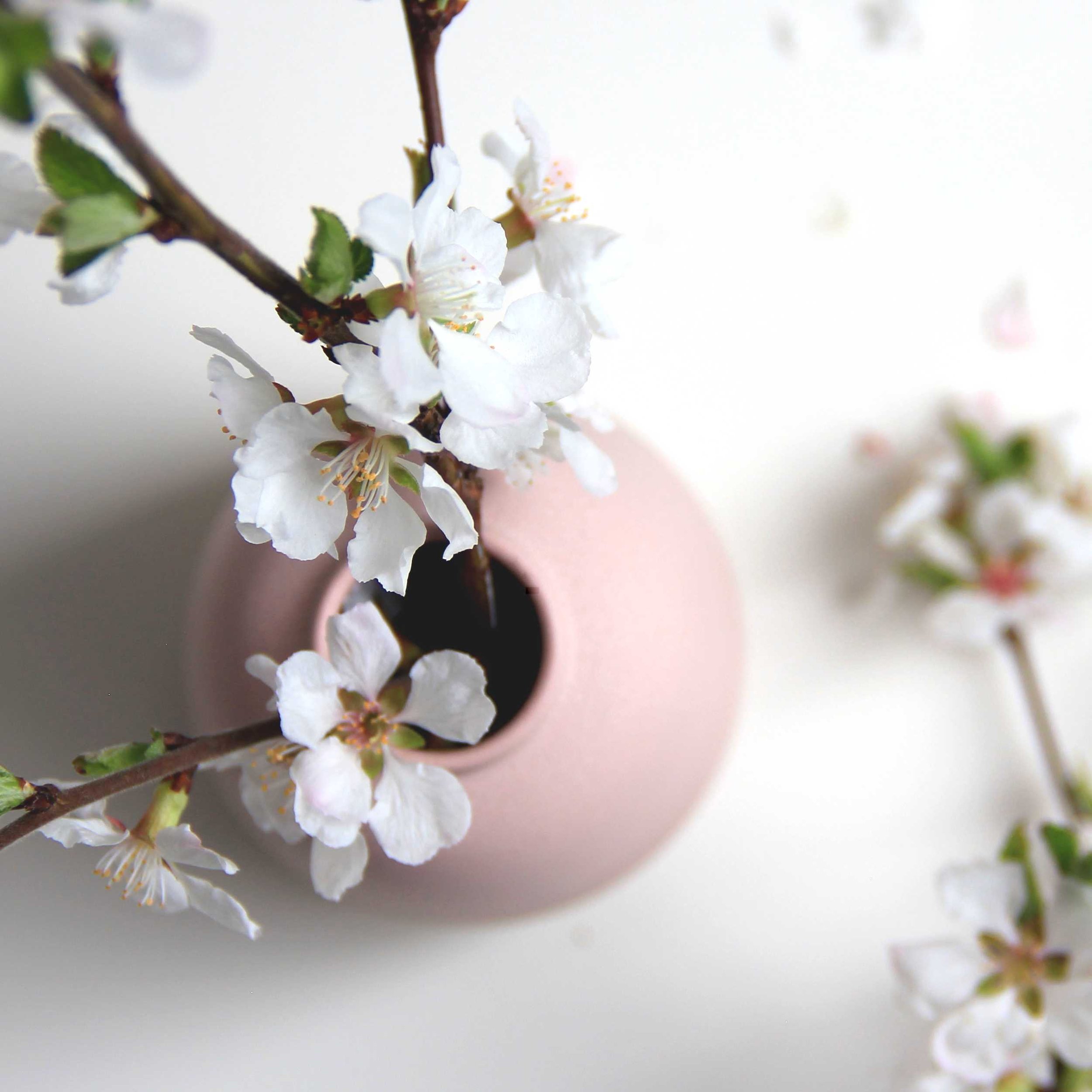 Cherry blossom branch arranged in a soft pink handmade Danish ceramic vase on a minimal tabletop