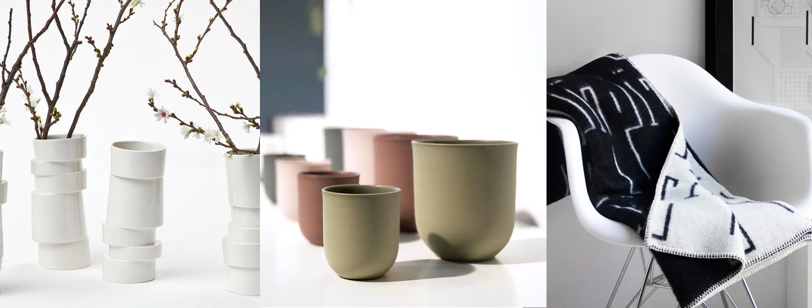 Collage of Scandinavian home objects: stacked ceramic vases, porcelain cups in muted colours, and a folded wool blanket in soft neutral tones