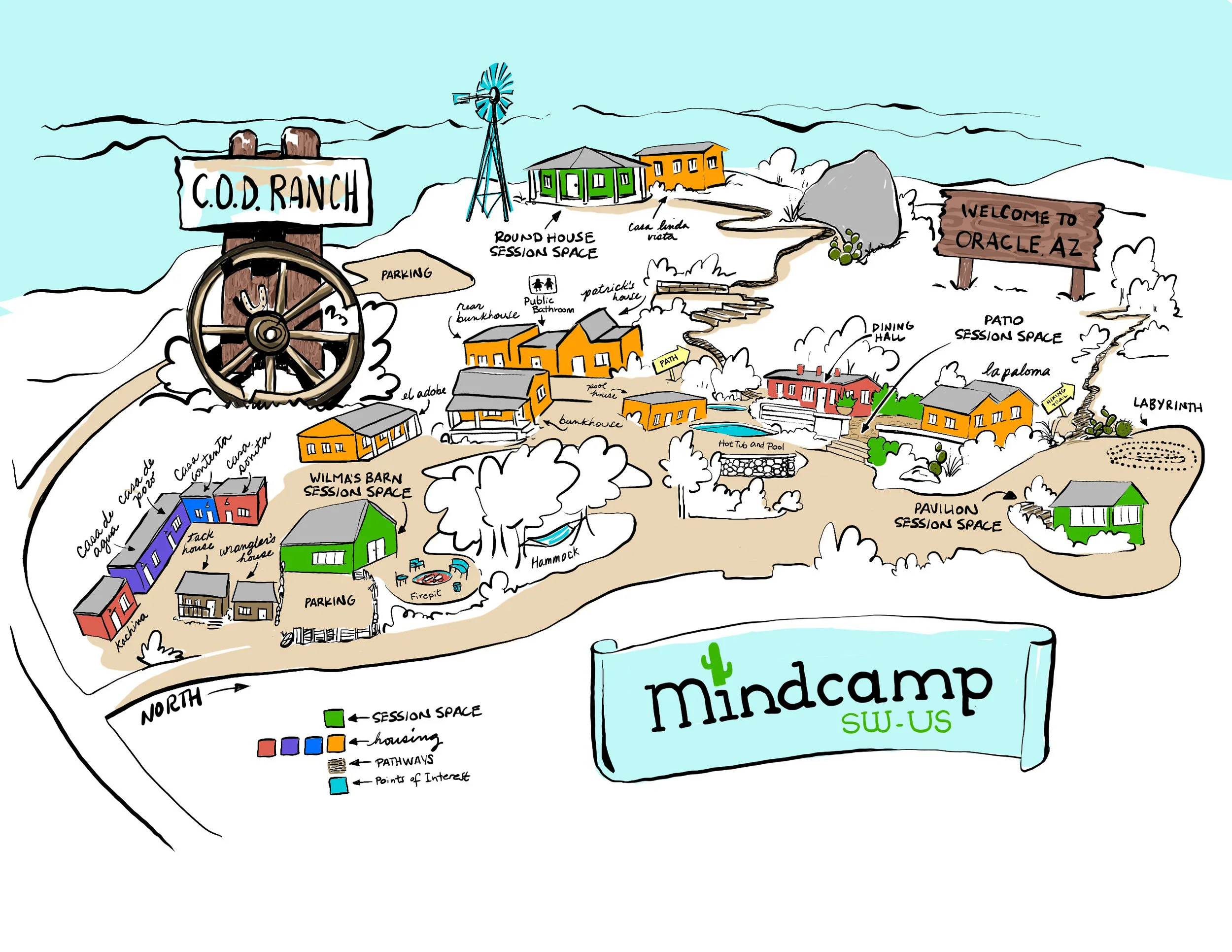 A hand-drawn of Mindcamp Southwest map created by the talented Mindcamp attendee Sarah Spencer of 26 Letters.