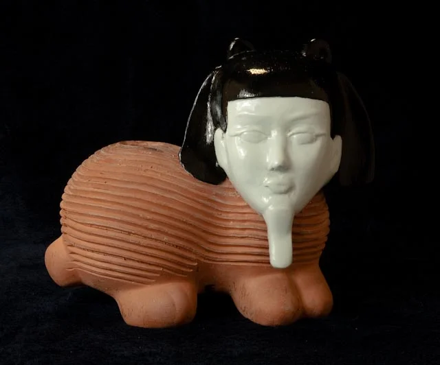 Kathy Aoki, Chia Gwen (Sphinx with Pharoah’s Beard and Bob), 2062 AD Terracotta with mixed glazes. Part of the original Gwen Stefani Mortuary Temple excavation, begun in 2468 AD.