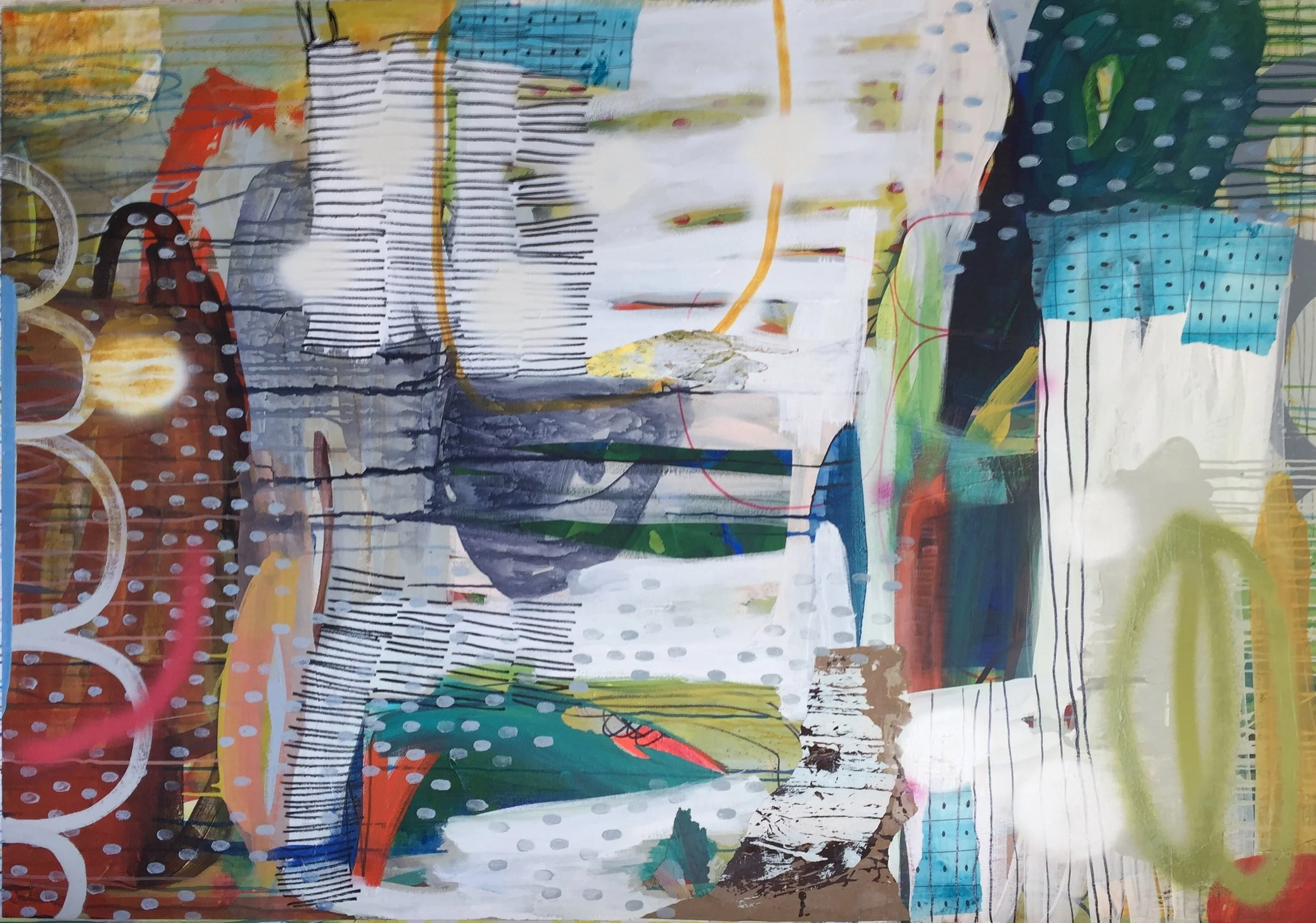 Loquacious #4 , Mixed media on canvas, 48 x 60 in. Available at Jennifer Perlmutter Gallery