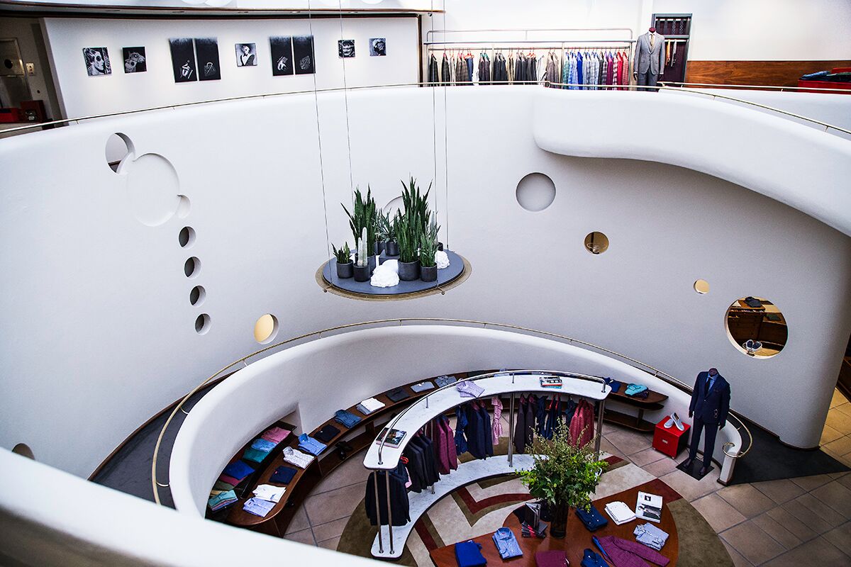 stARTup’s June pop-up at Isaia, luxury Italian menswear, in their downtown San Francisco showroom. Camila Magrane's works looked stunning in their Frank Lloyd Wright space — and the perfect header for our Wescover profile.