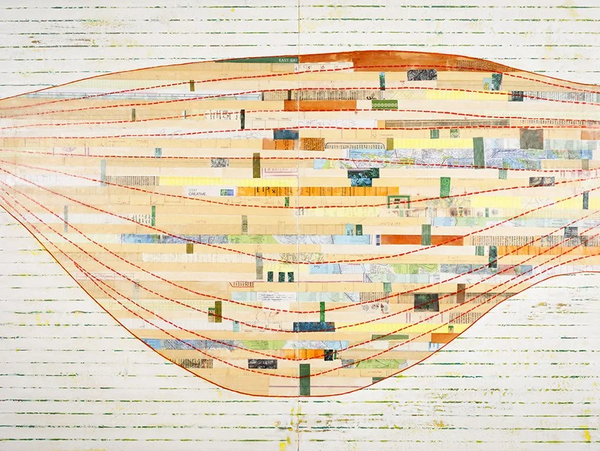 10-Mile Thought by Larraine Seiden , Mixed media collage on panel, 36 x 48 in, 2018