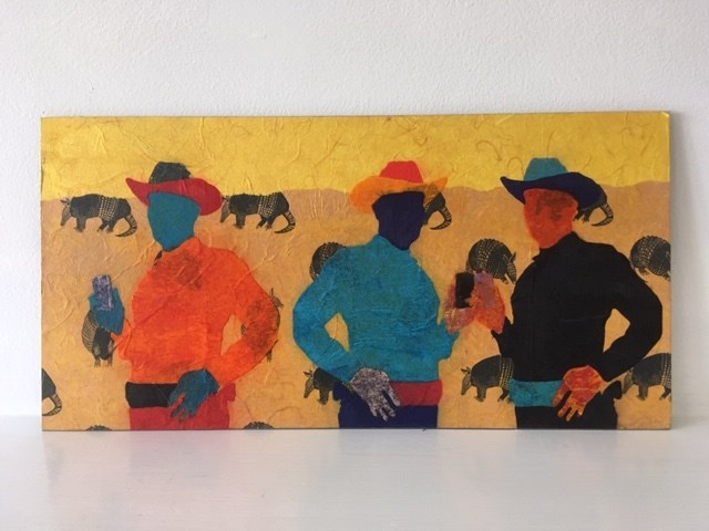 Cowboys Relaxing on Armadillo Ranch by Miles Epstein , Tissue on aluminum, 11 x 16 in.