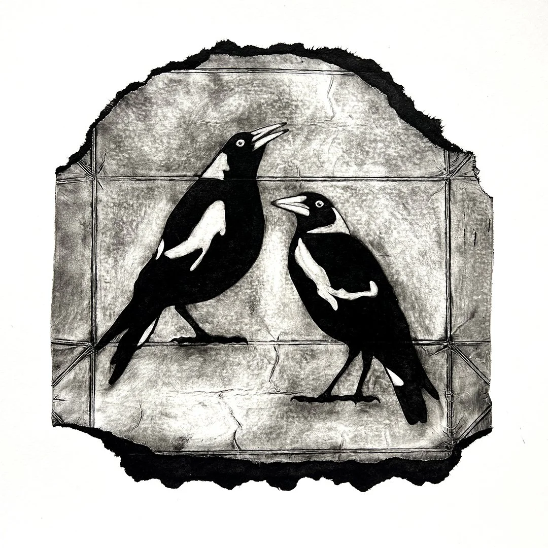 Negin Maddock_Two Magpies_58cm by 58cm_Collagraph__Framed_630.jpg