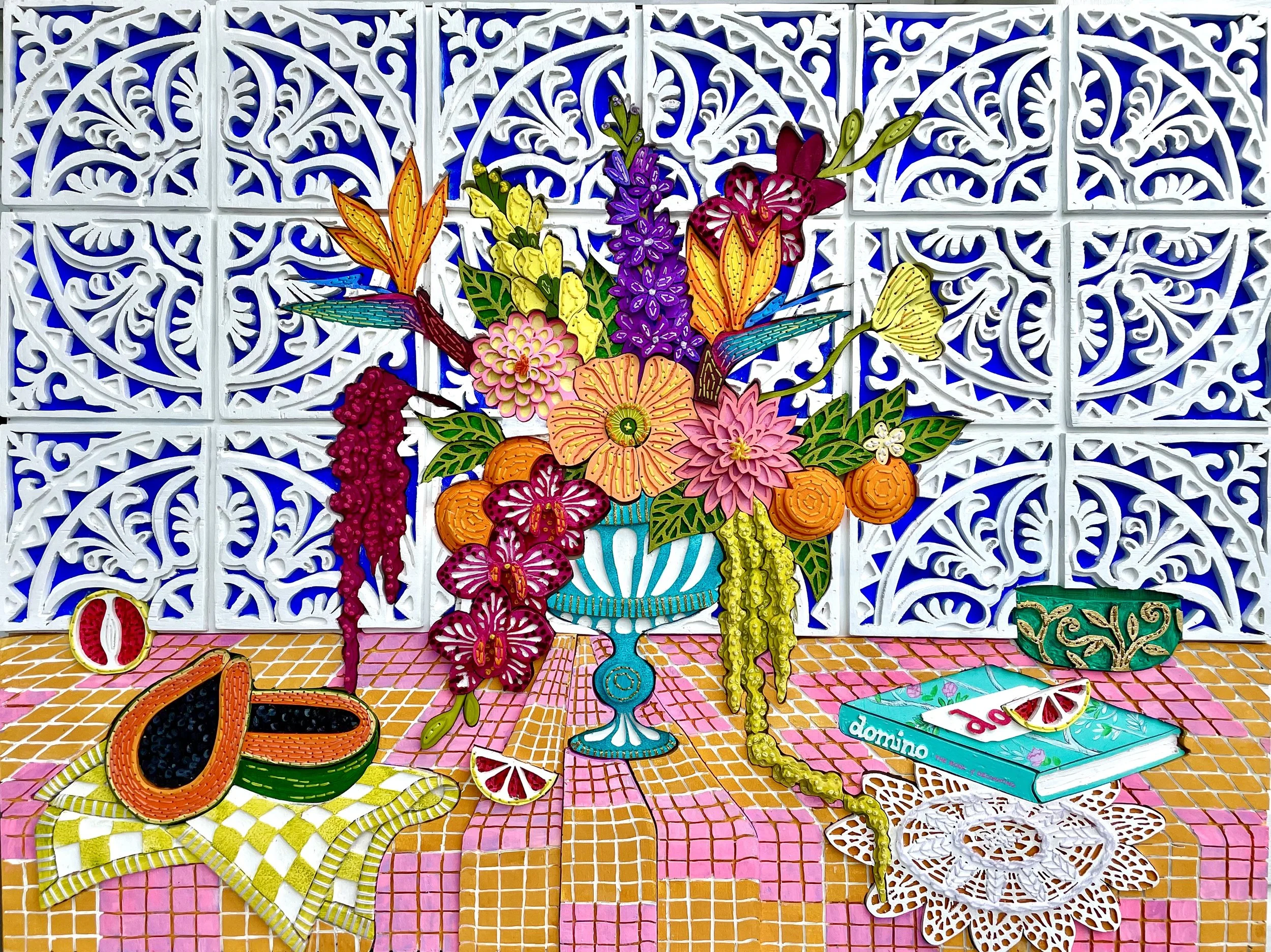 Springtime in Granada_Misha Harrison_122.5x 92.5cm_plywood,acrylic,hold leave and embroidery on Board_$5500.jpg