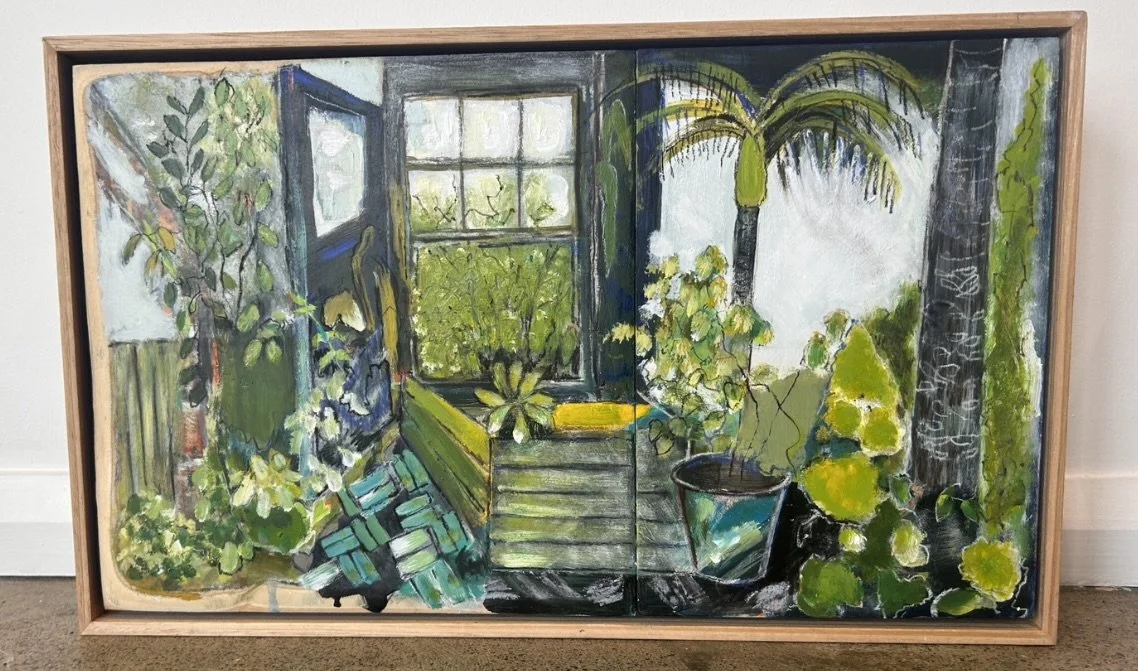 FionaVerity'Gardenscapes-openthedoorletthesunshinein'Arcylicandcharcoalonwood75x33cm.jpeg