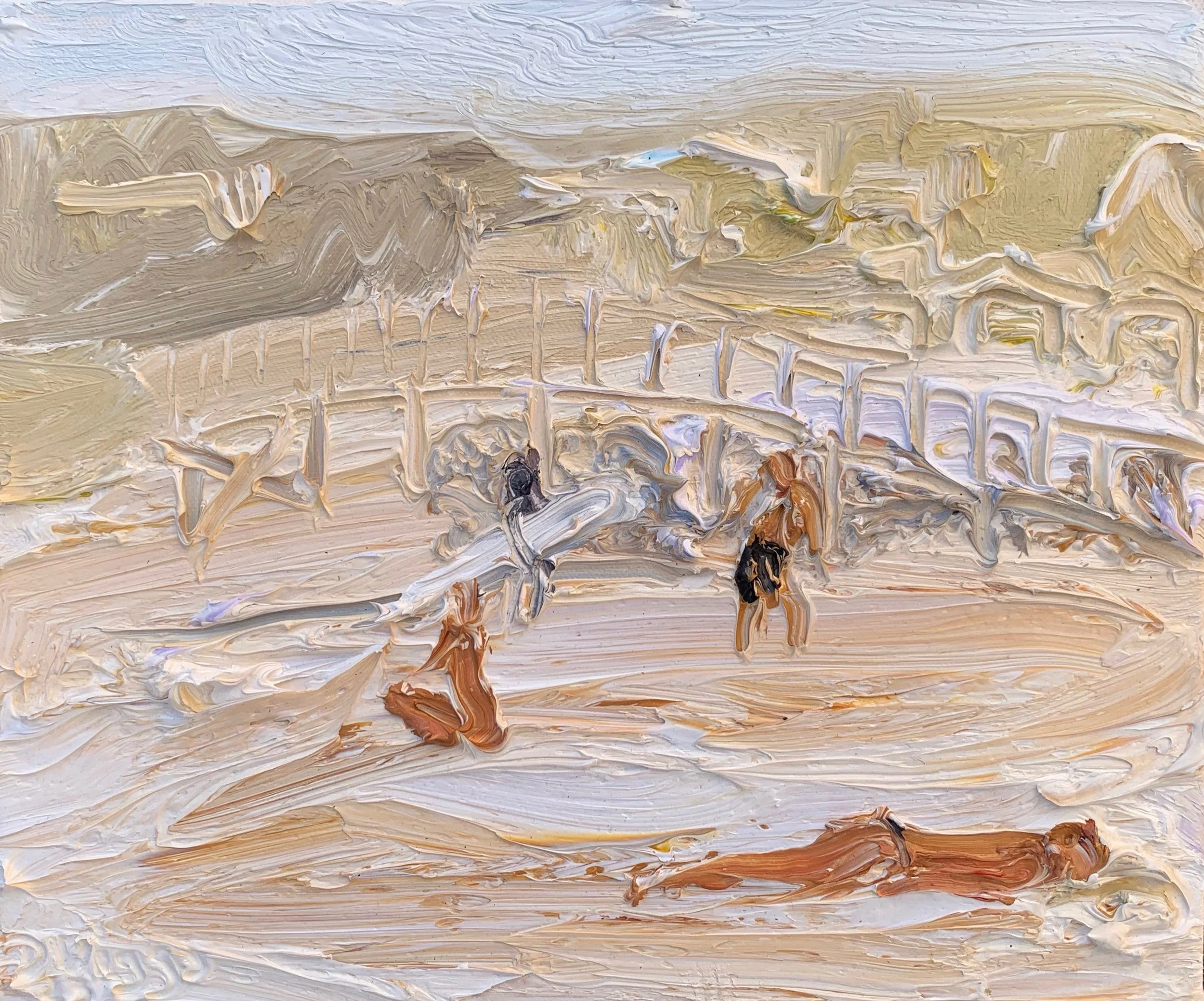Dry Creascent head-Footbridge and Caravan park from the beach-Plein air-Oil on canvas-25cm x 30cm-David K Wiggs-$550.jpeg