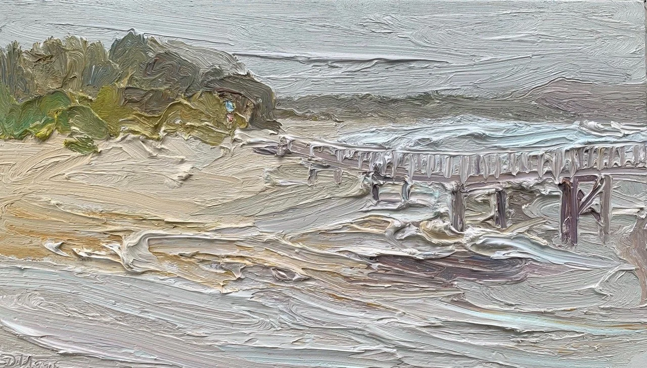 David K Wiggs-Storm and Tidal surge-Killick Creek Footbridge-Crescent head-Plein air-Oil on canvas-43cm x 75cm -$1800.jpeg
