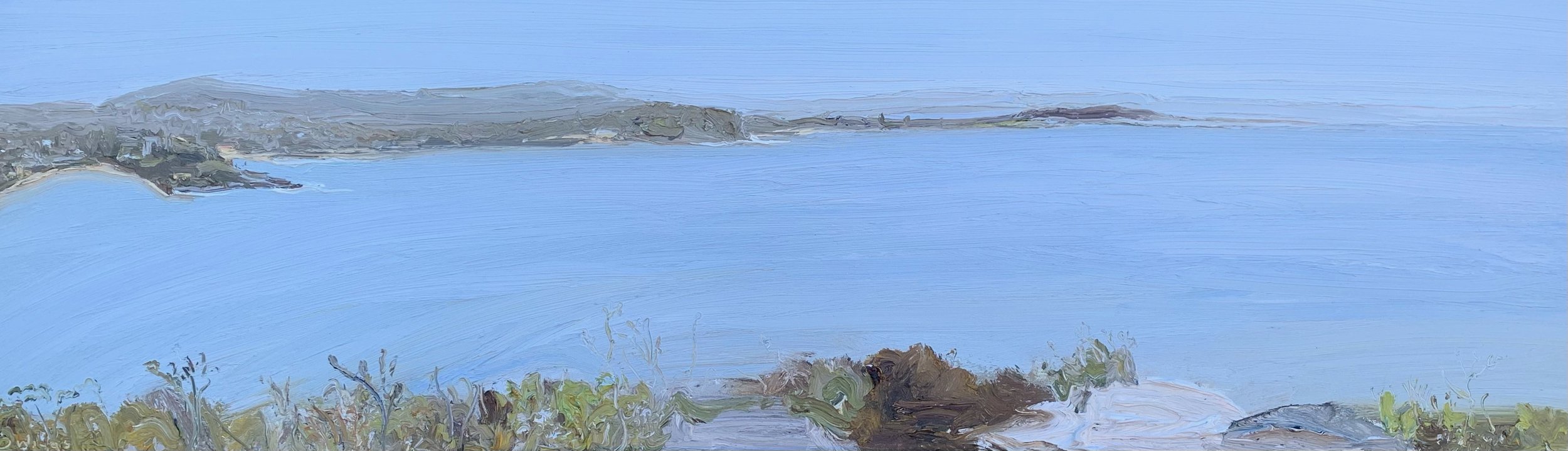 David K Wiggs - Clubhouses and headlands-Looking up the coast from North head or Car-Rang-Gel-Plein air-Oil on canvas-43cm x 144cm framed-$3700.jpeg