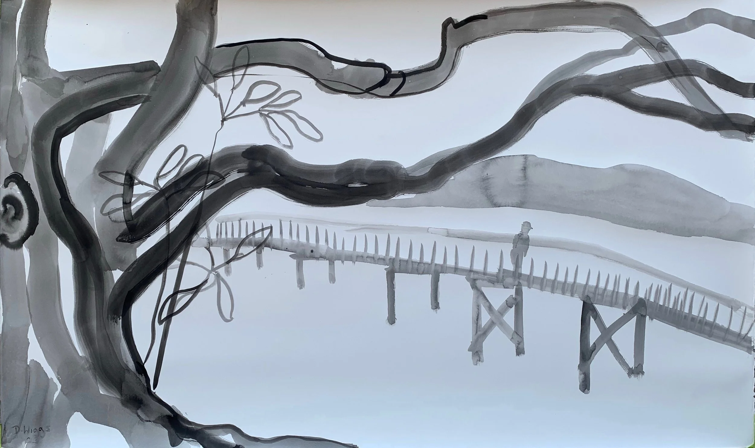 Watching Mullet-Killick creek footbridge-Crescent head-Plein air-Ink and Brush on paper-100cm x 150cm framed with White mount under glass-David K Wiggs $5500.jpeg