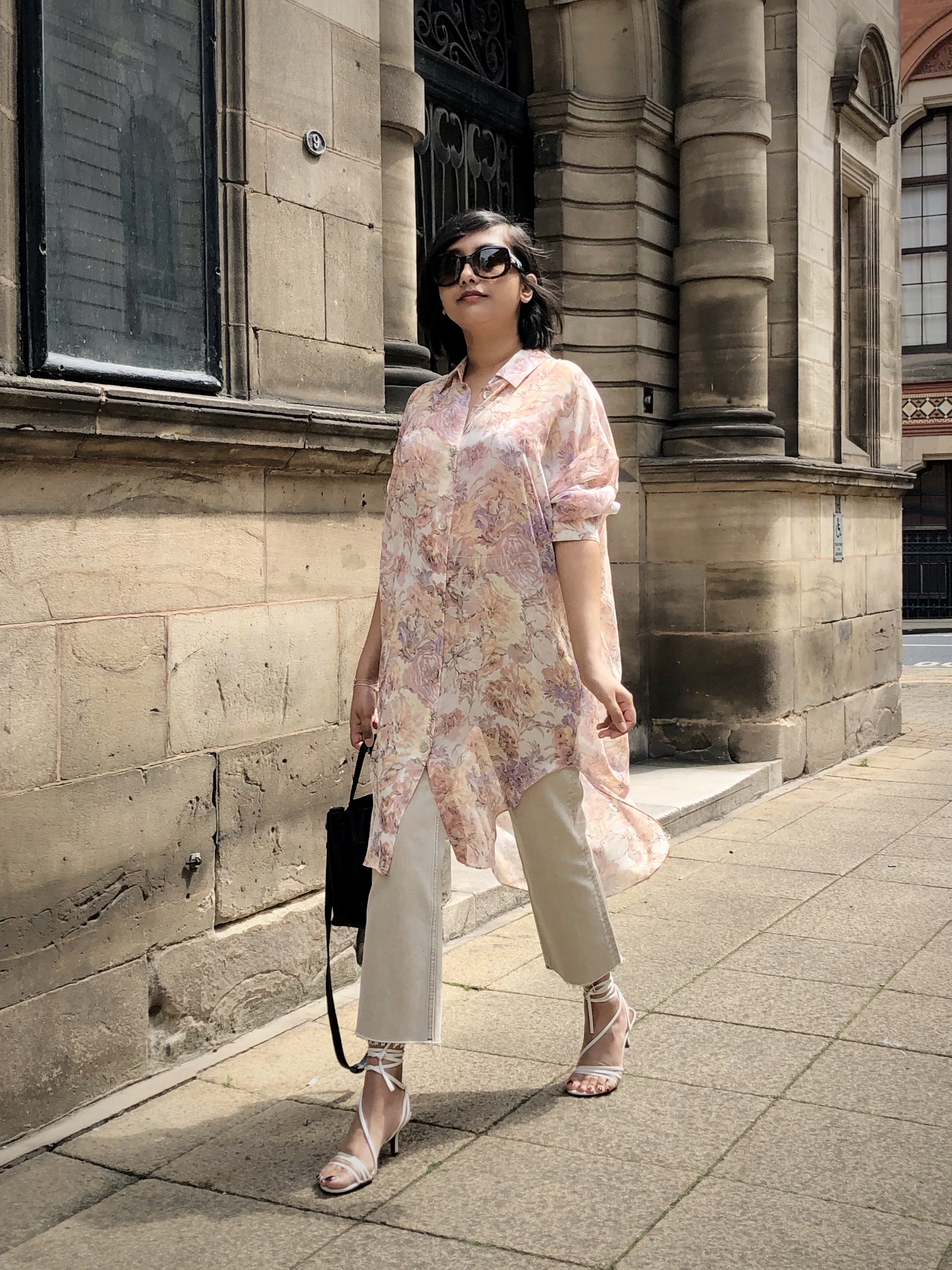Zara Floral Print Shirt (£49.99) , Topshop Sand Straight Jeans (£40.00) , H&M Sandals (sold out)