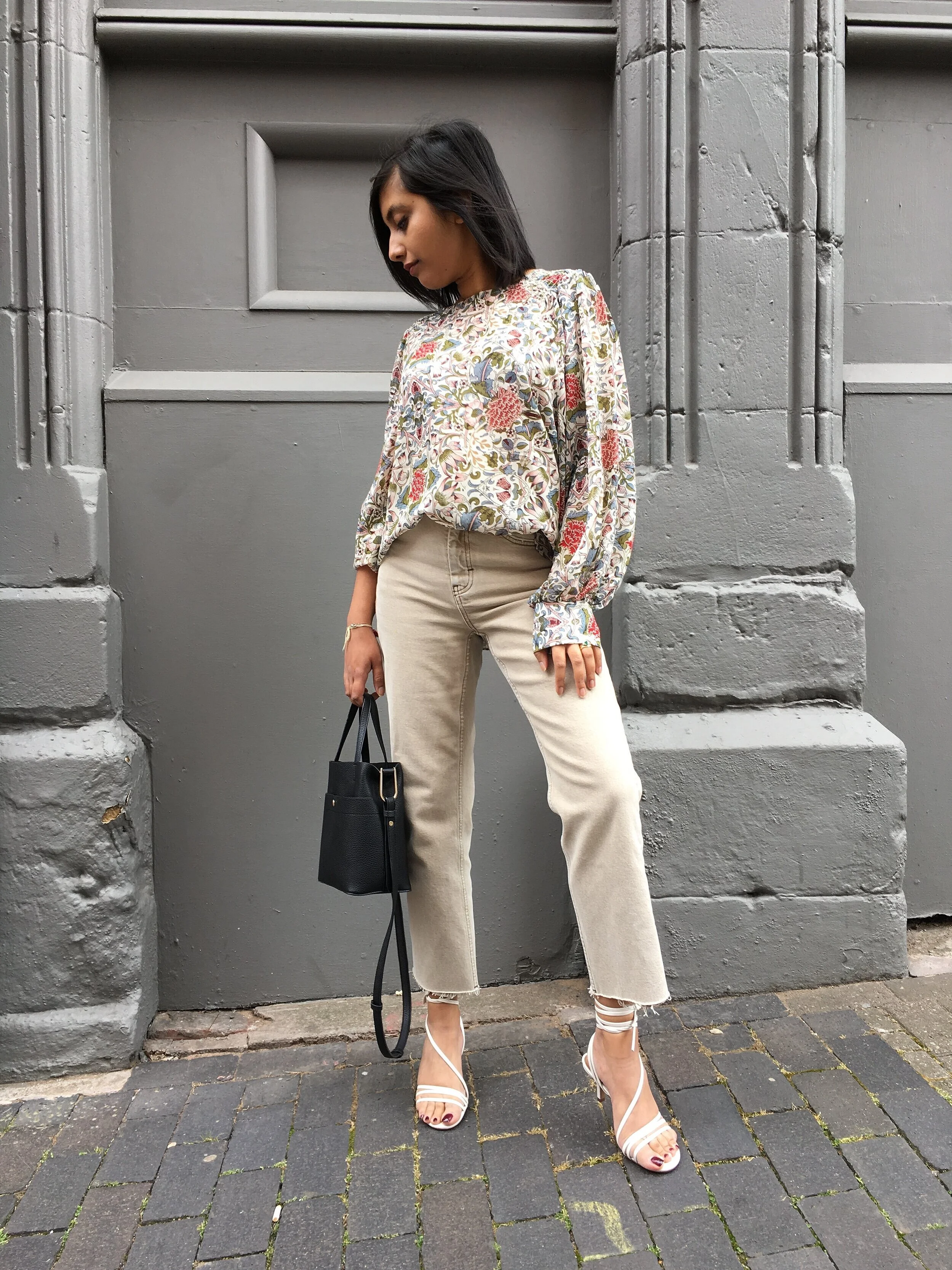 Mango Floral Print Blouse (£29.99) , Topshop Sand Straight Jeans (£40.00) , H&M Sandals - sold out but similar from & Other Stories ( here ) and ( here )