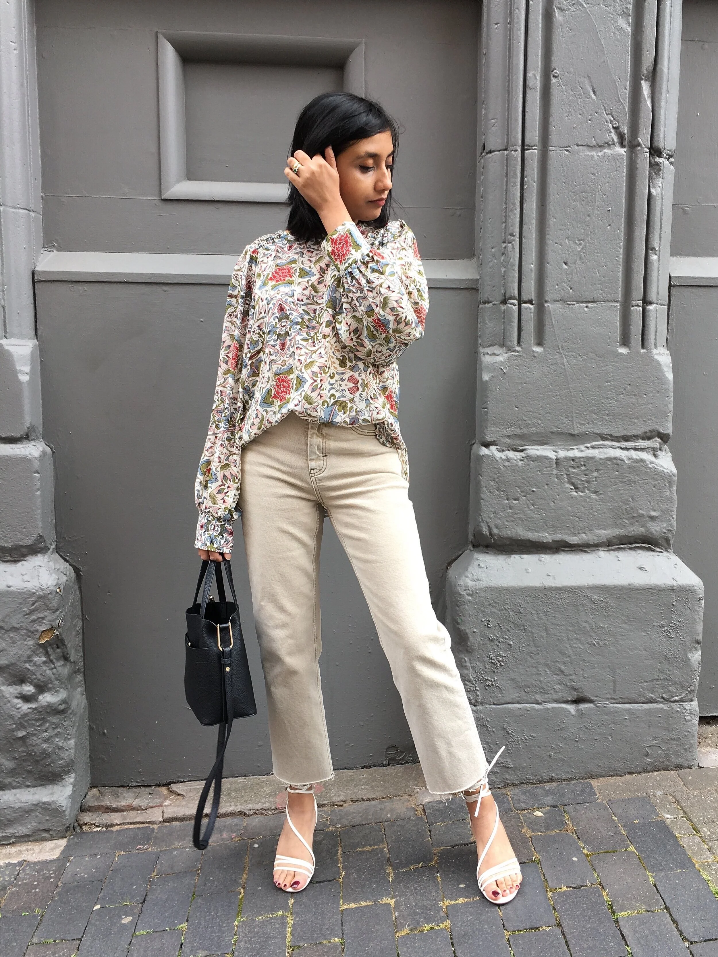 Mango Floral Print Blouse (£29.99) , Topshop Sand Straight Jeans (£40.00) , H&M Sandals - sold out but similar from & Other Stories ( here ) and ( here )