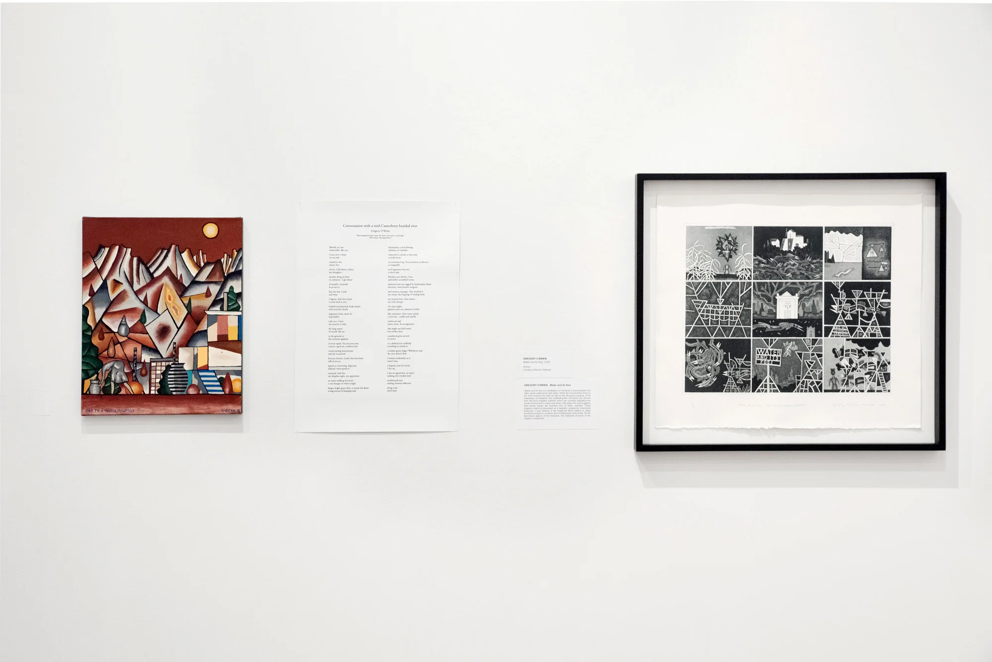 GREGORY O’BRIEN, Ode to a water molecule, 2018, acrylic on canvas, POEM – Conversation with a Mid-Canterbury braided river , 2017, Etching – Water and its foes, 2018, Courtesy of Bowen Galleries