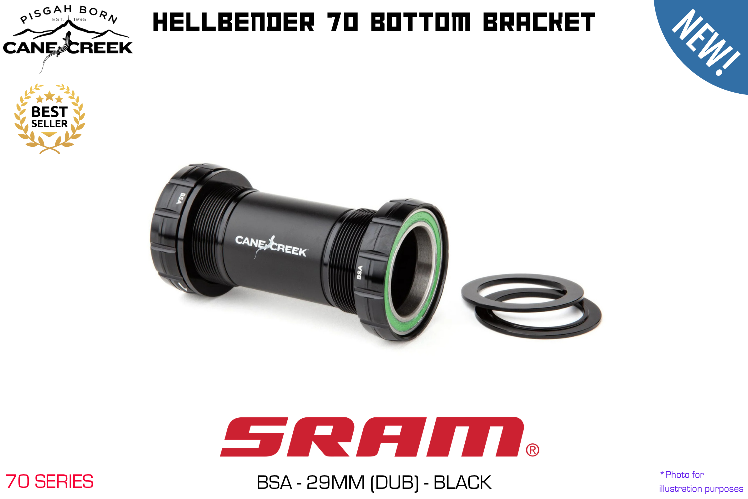 Cane Creek - Hellbender 70 Bottom Bracket - BSA - SRAM Dub (29mm) - Black
