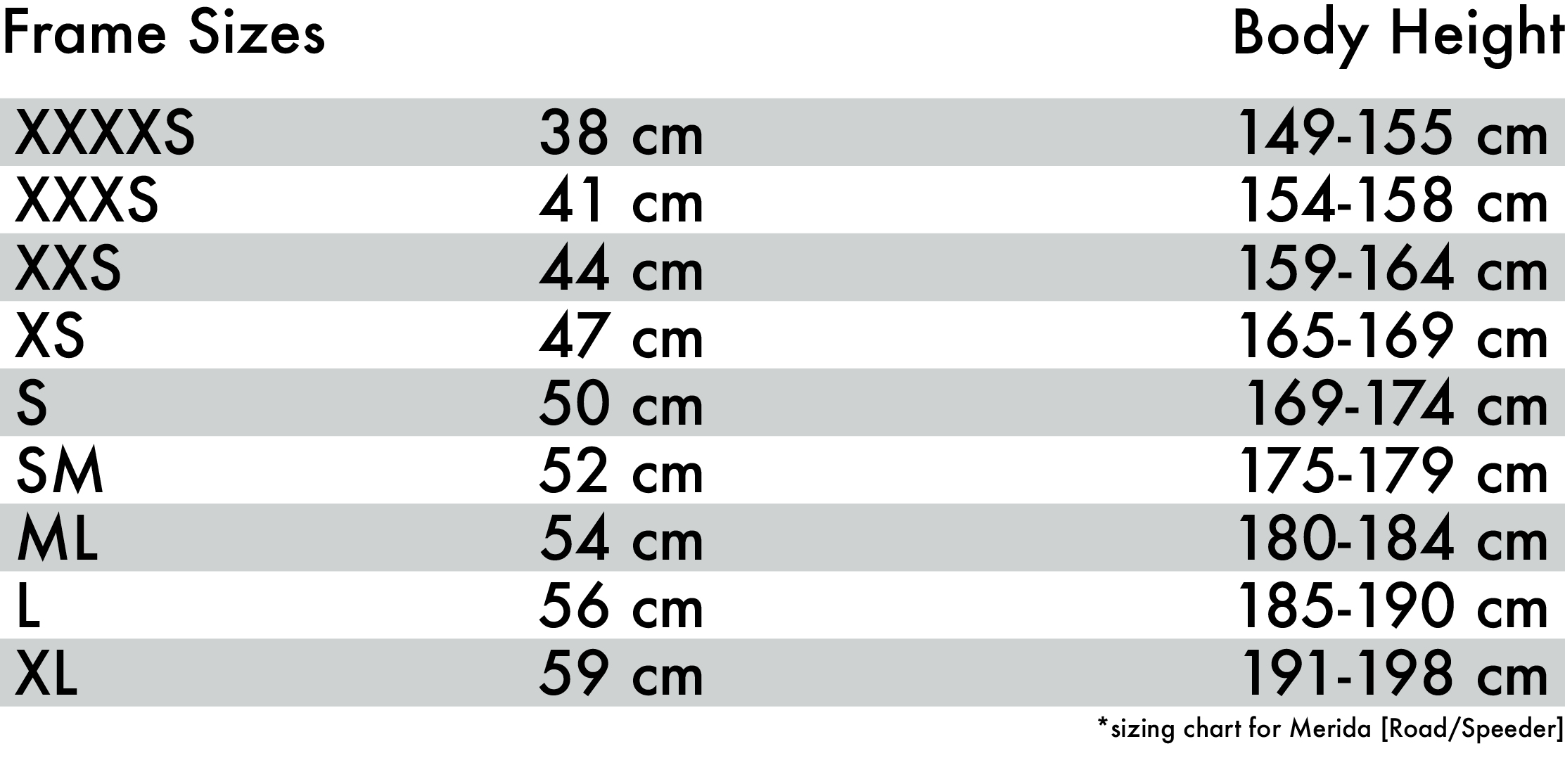 56cm Frame Size Chart