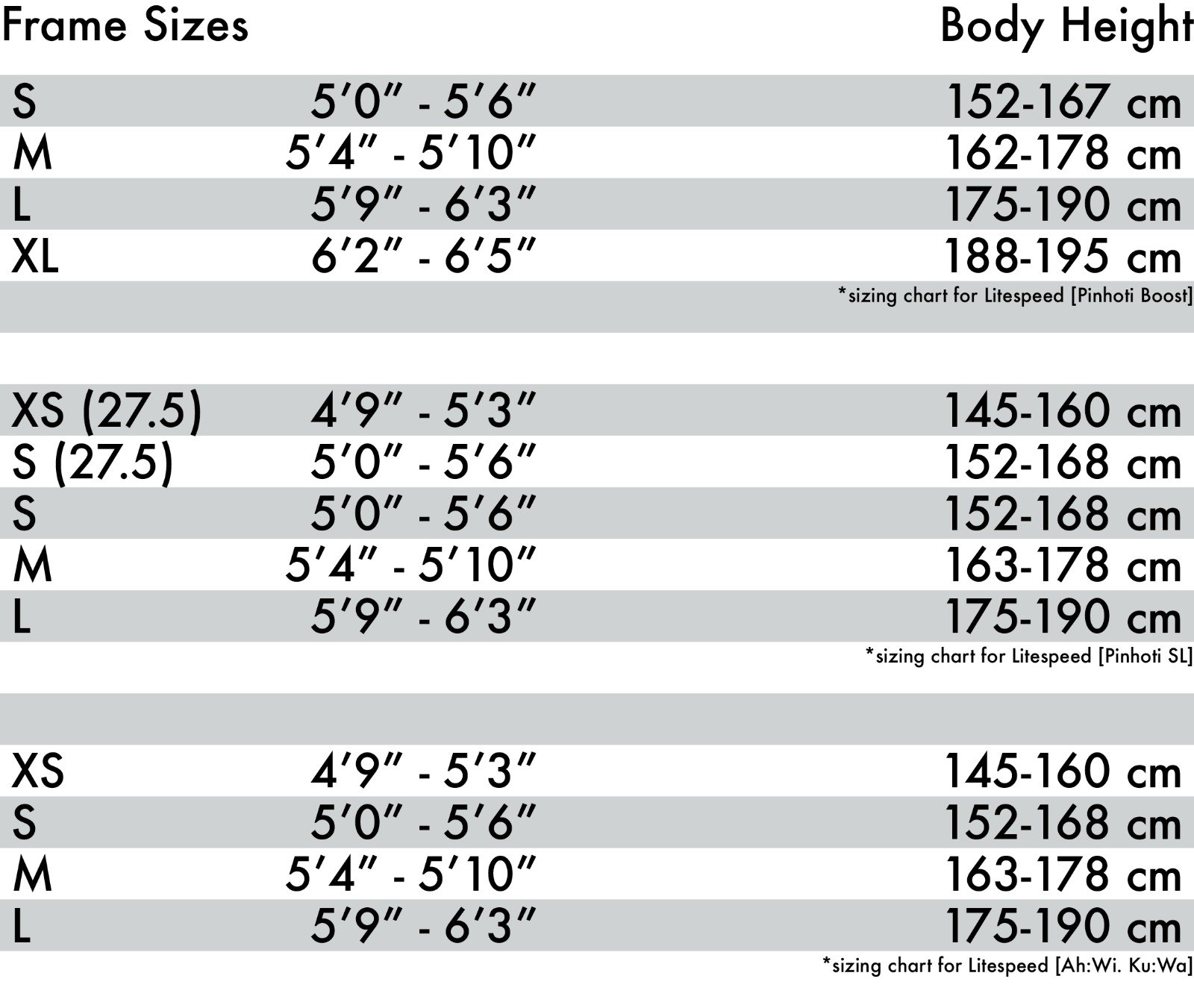 Litespeed Size Chart