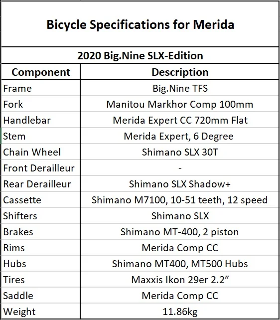 merida big nine size chart