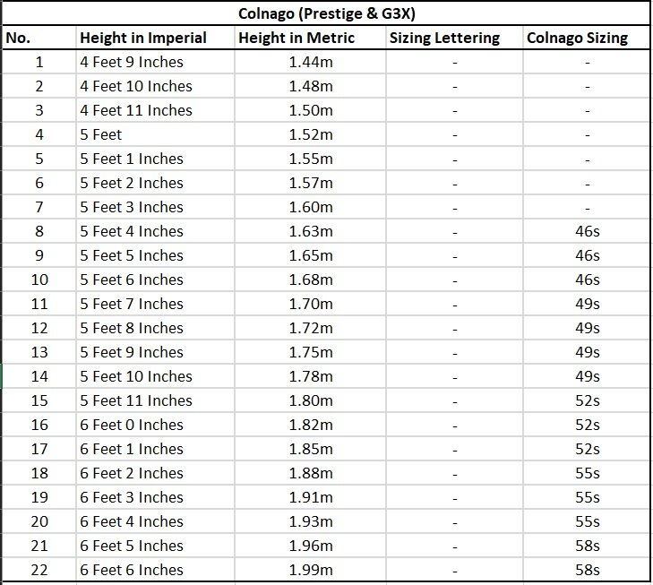 Colnago Frame Size Chart
