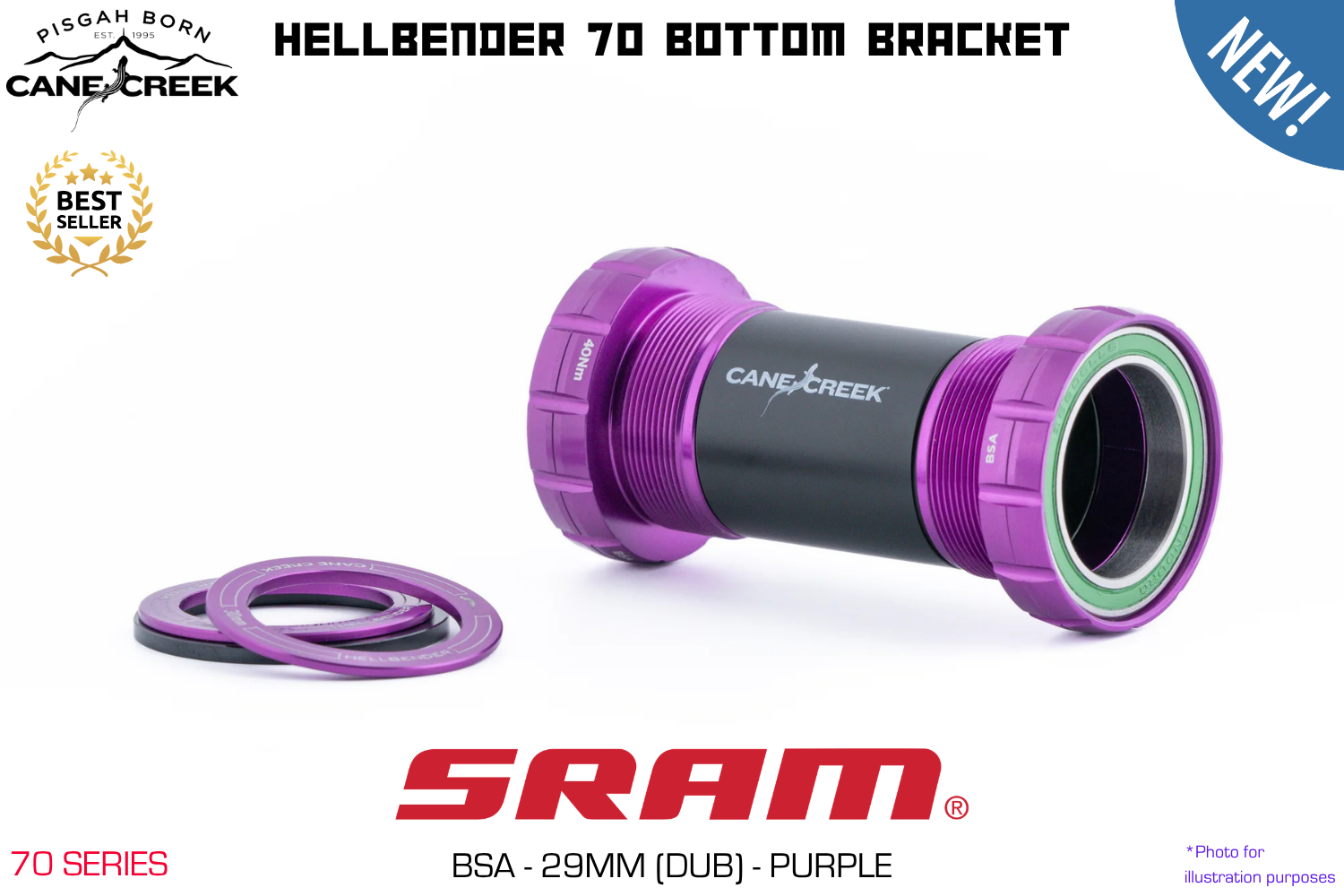 Cane Creek - Hellbender 70 Bottom Bracket - BSA - SRAM Dub (29mm) - Purple