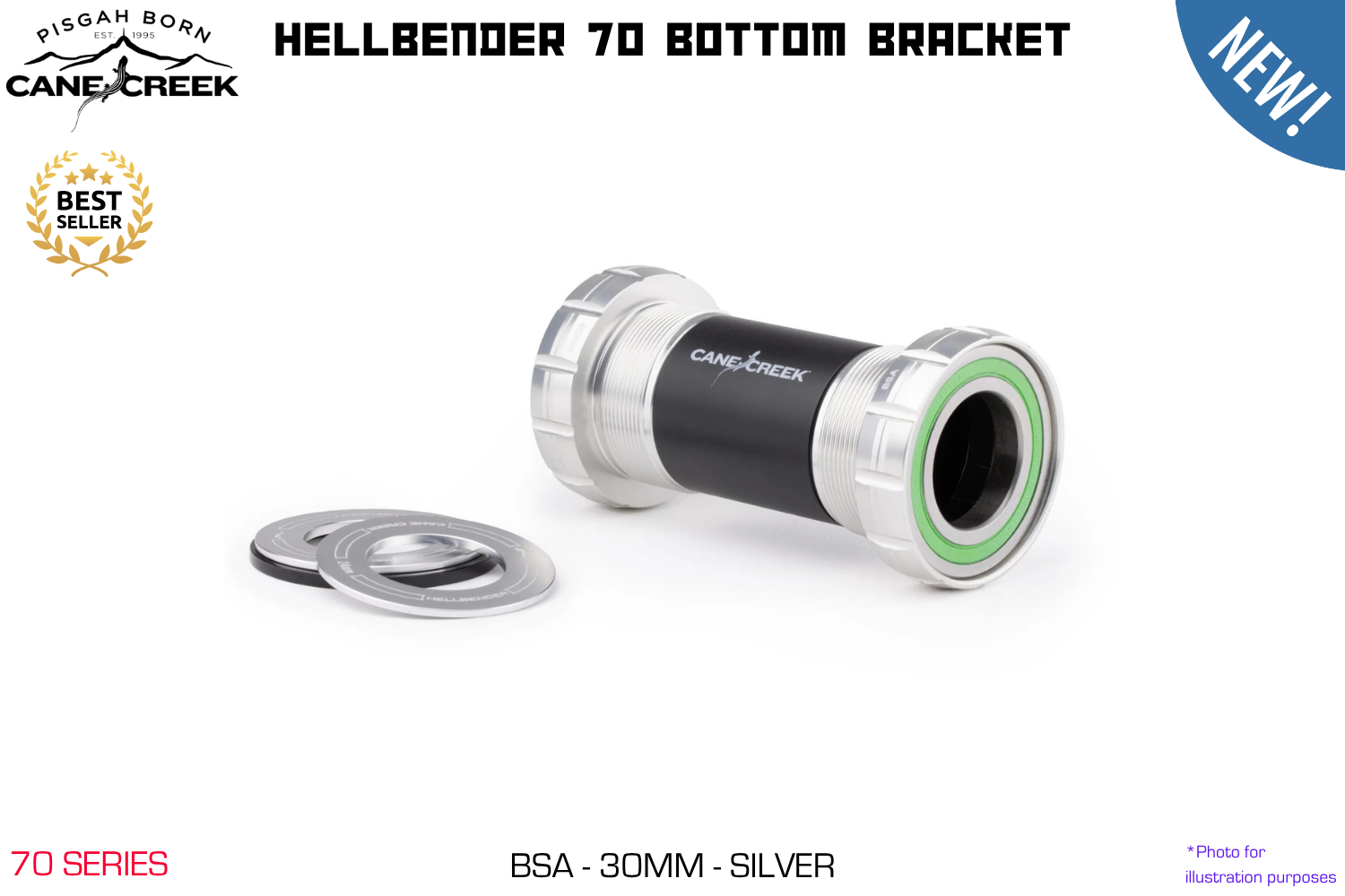 Cane Creek - Hellbender 70 Bottom Bracket - BSA - 30mm Spindle - Silver