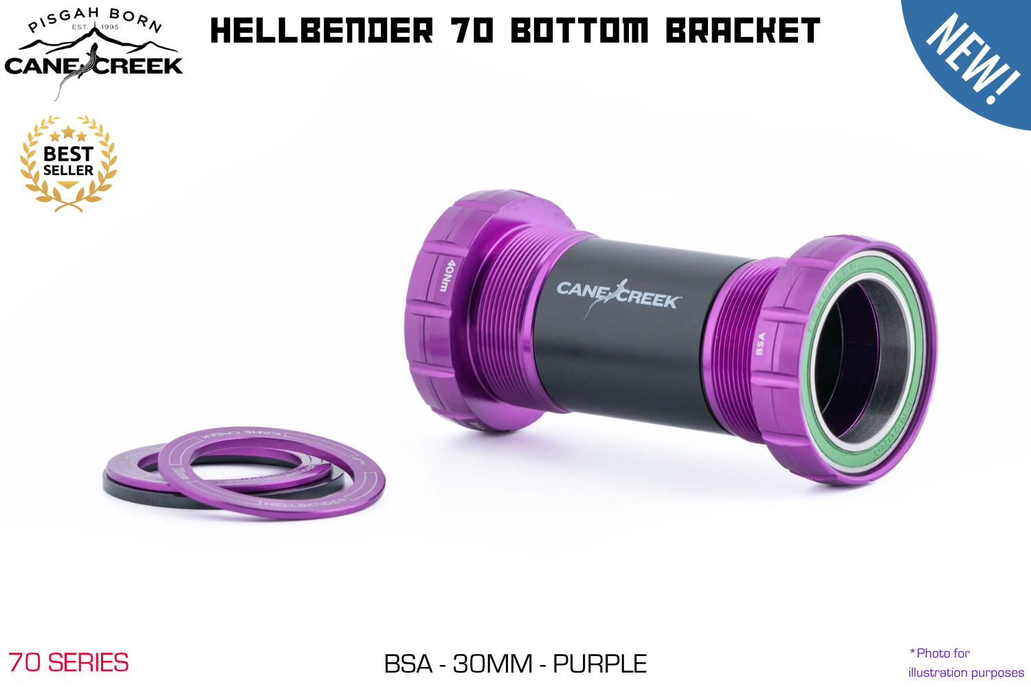 Cane Creek - Hellbender 70 Bottom Bracket - BSA - 30mm Spindle - Purple