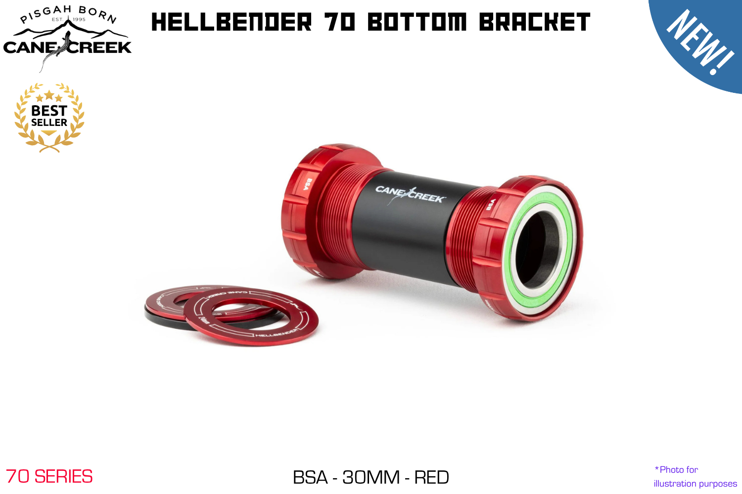 Cane Creek - Hellbender 70 Bottom Bracket - BSA - 30mm Spindle - Red
