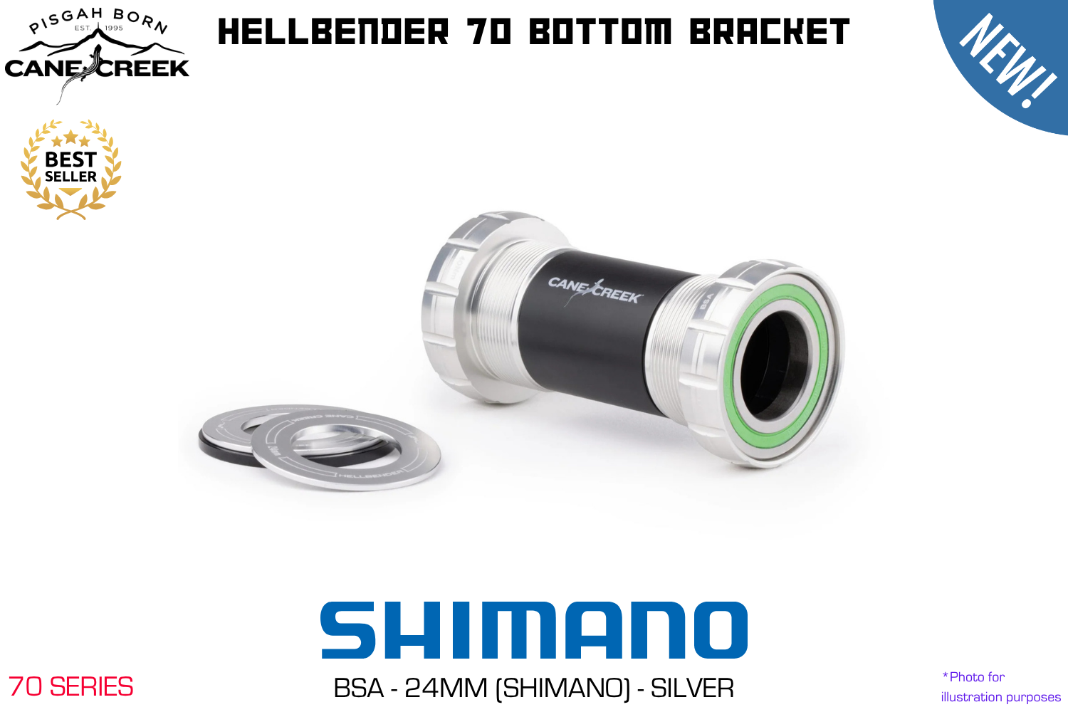 Cane Creek - Hellbender 70 Bottom Bracket - BSA - Shimano 24mm - Silver