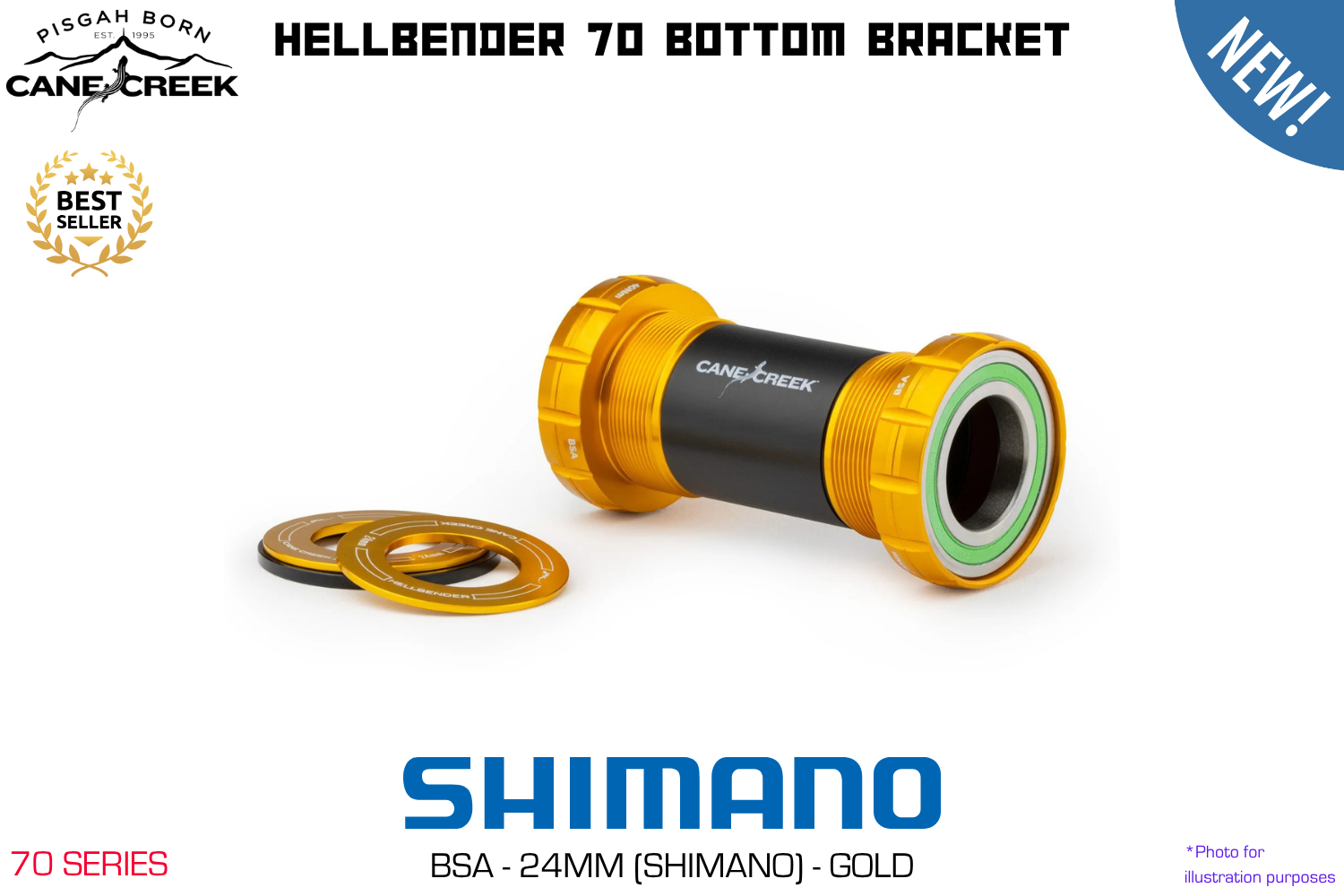 Cane Creek - Hellbender 70 Bottom Bracket - BSA - Shimano 24mm - Gold