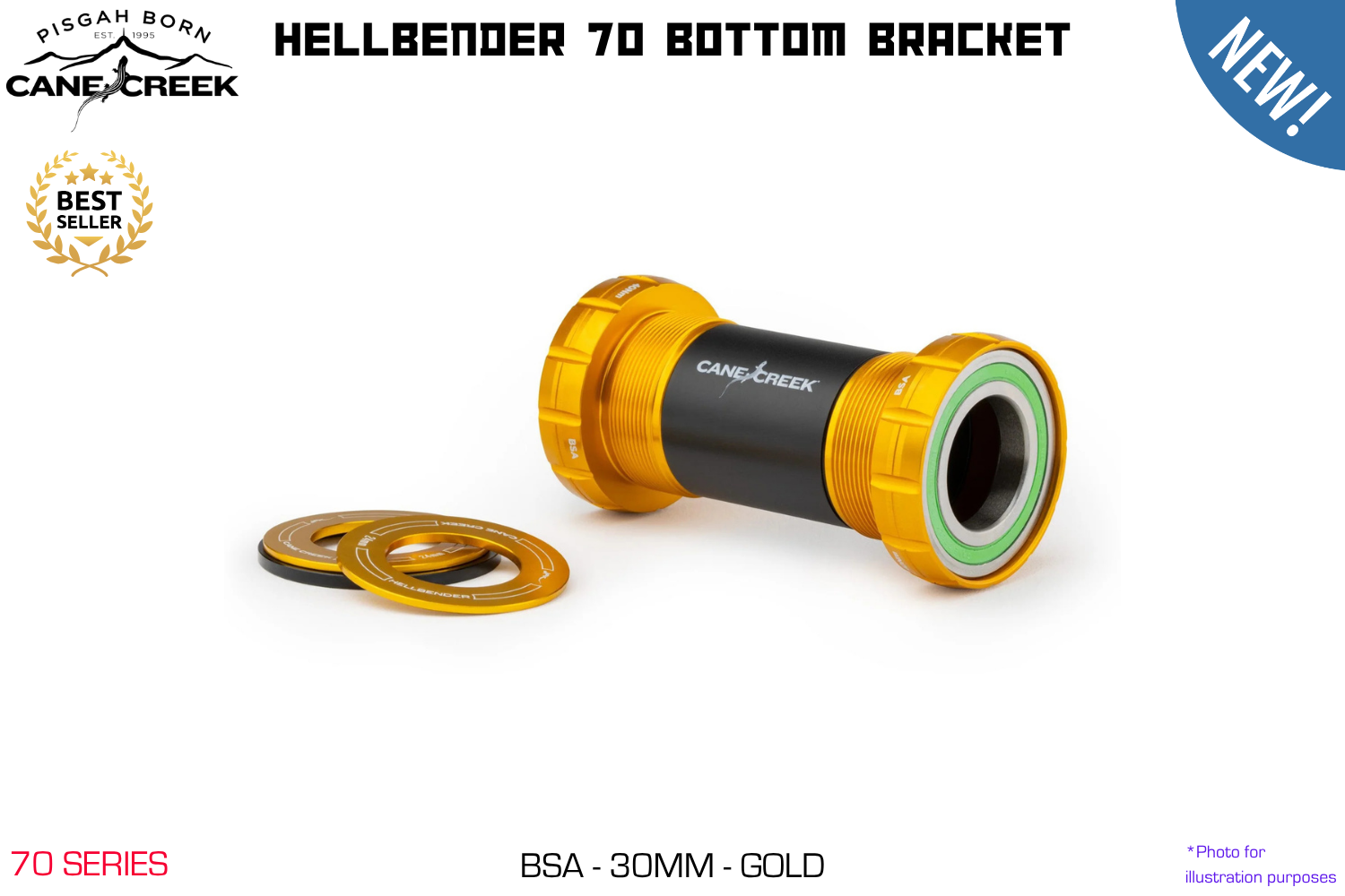 Cane Creek - Hellbender 70 Bottom Bracket - BSA - 30mm Spindle - Gold