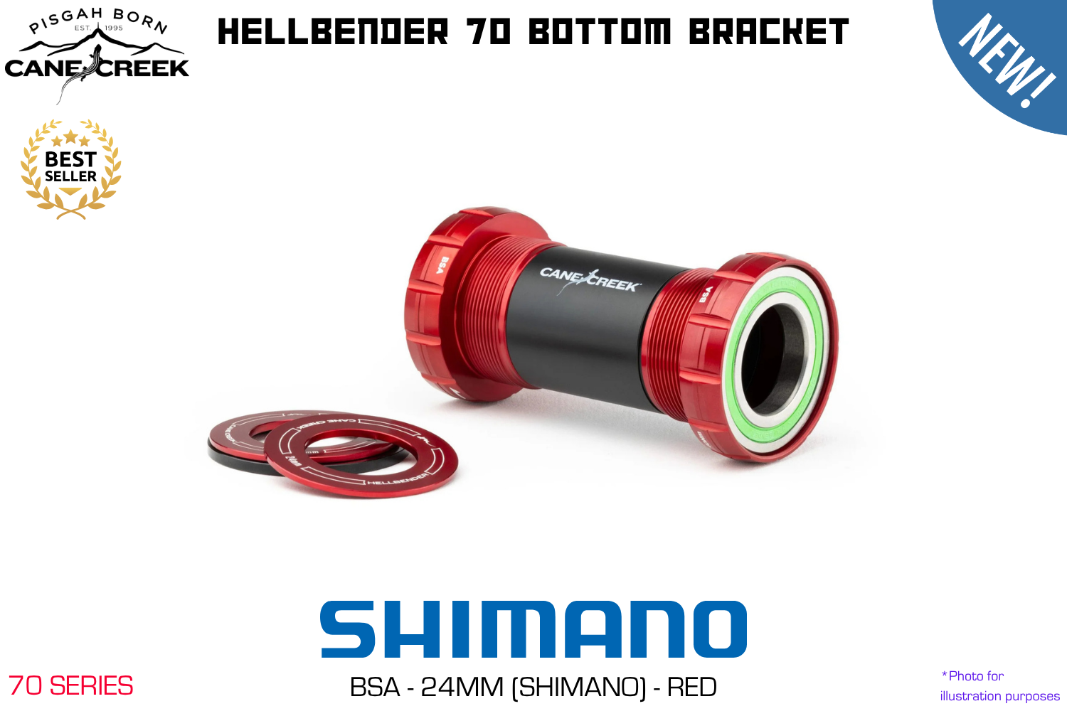 Cane Creek - Hellbender 70 Bottom Bracket - BSA - Shimano 24mm - Red