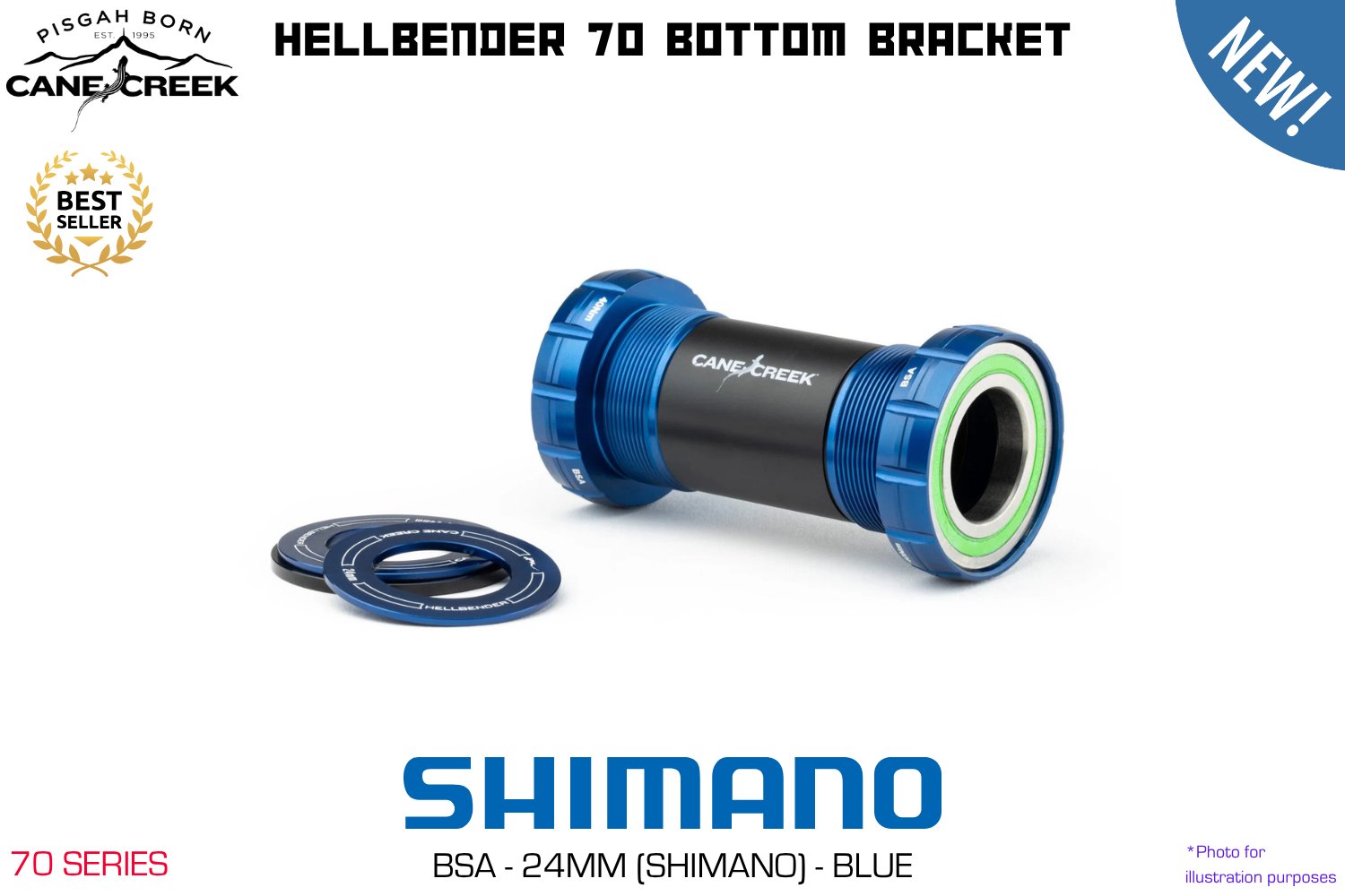 Cane Creek - Hellbender 70 Bottom Bracket - BSA - Shimano 24mm - Blue