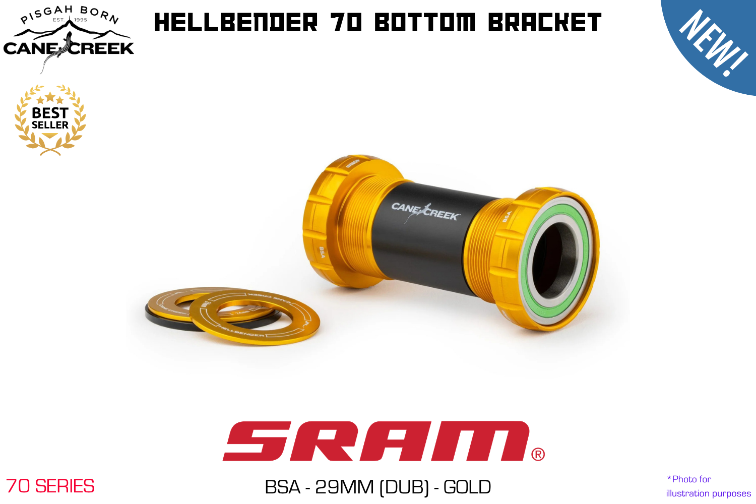 Cane Creek - Hellbender 70 Bottom Bracket - BSA - SRAM Dub (29mm) - Gold