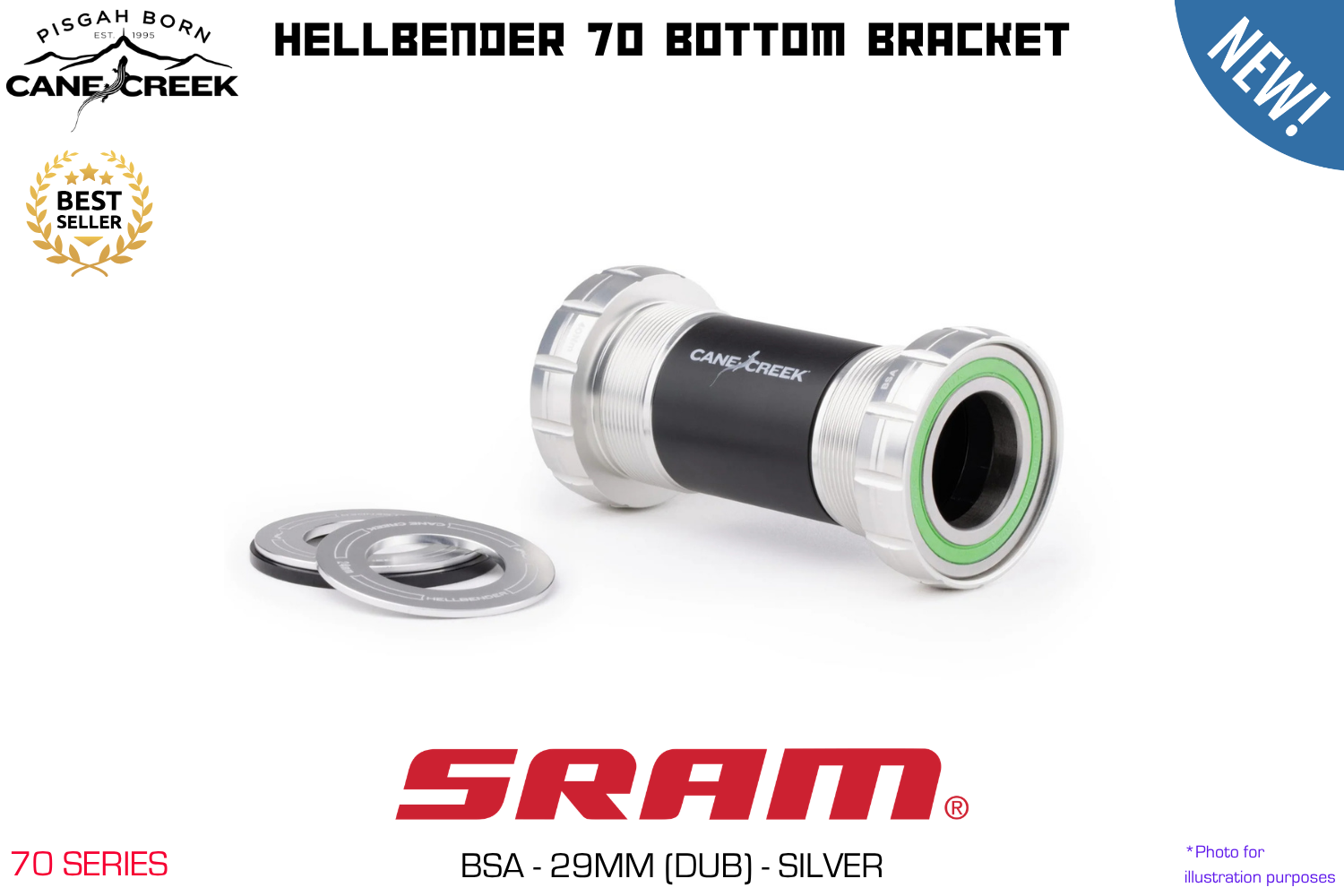Cane Creek - Hellbender 70 Bottom Bracket - BSA - SRAM Dub (29mm) - Silver