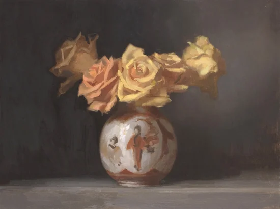 Apricot Roses in a Japanese Vase,  Oil on board. 2008. 12”x16”