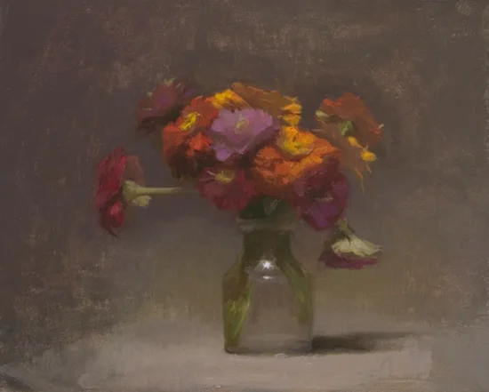 Zinnias, 2005. Oil on board.  8”x10”