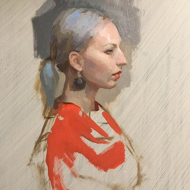 On the easel today #portrait #reddress #wip