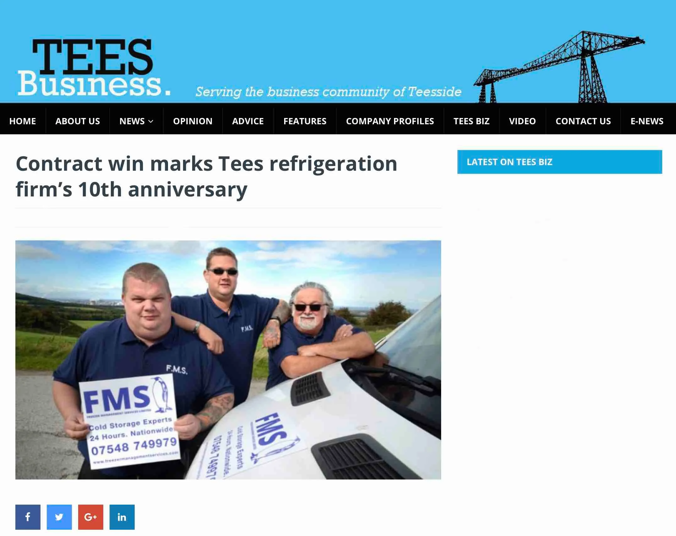 Press release Tees Business website promoting FMS 10th birthday