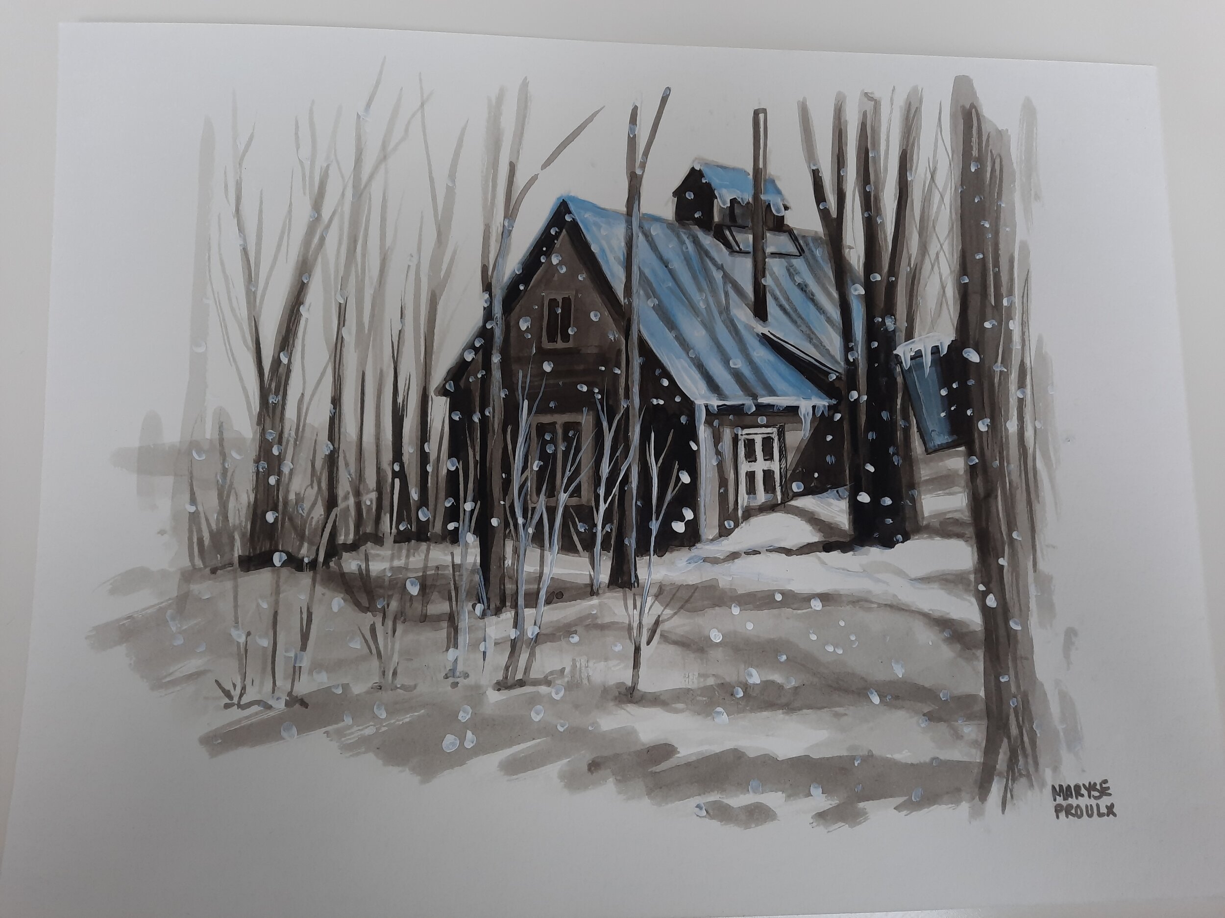 la cabane a sucre au toit bleu dans la neige