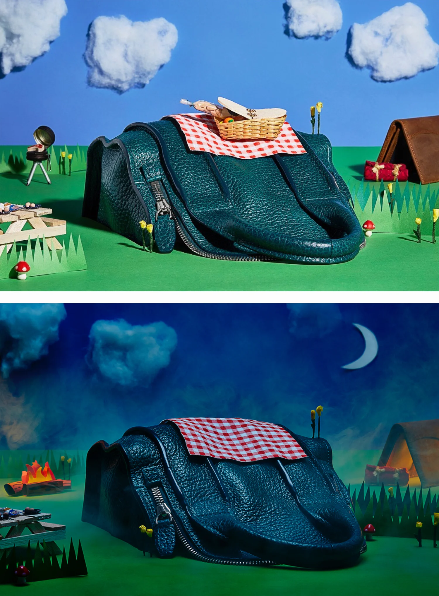 LIZ PETERS "I have a love for miniatures and clever crafting, and this bag was a great opportunity to work on both. I love tricking the eye and making objects look different than they do in their normal lives. A wallet “tent” and handbag “grassy hill” were great bases for lots of handmade miniatures, which is one of my favorite things to create. Chris Lynn is always a wonderful photographer to work with because he really knows how to make these scenes come to life!"